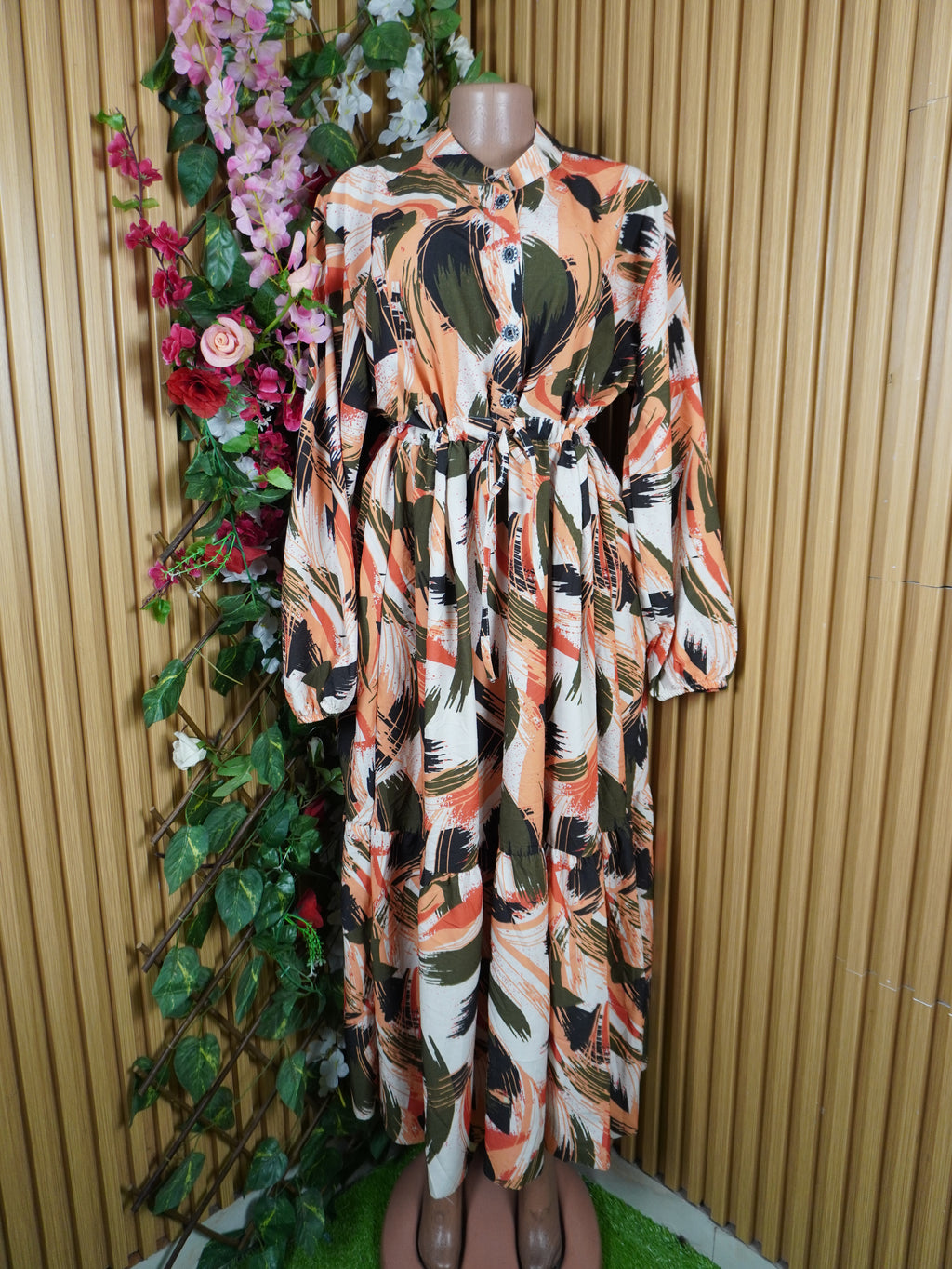 Robe évasée longue manches longuesimprimée fleuire-XXXL