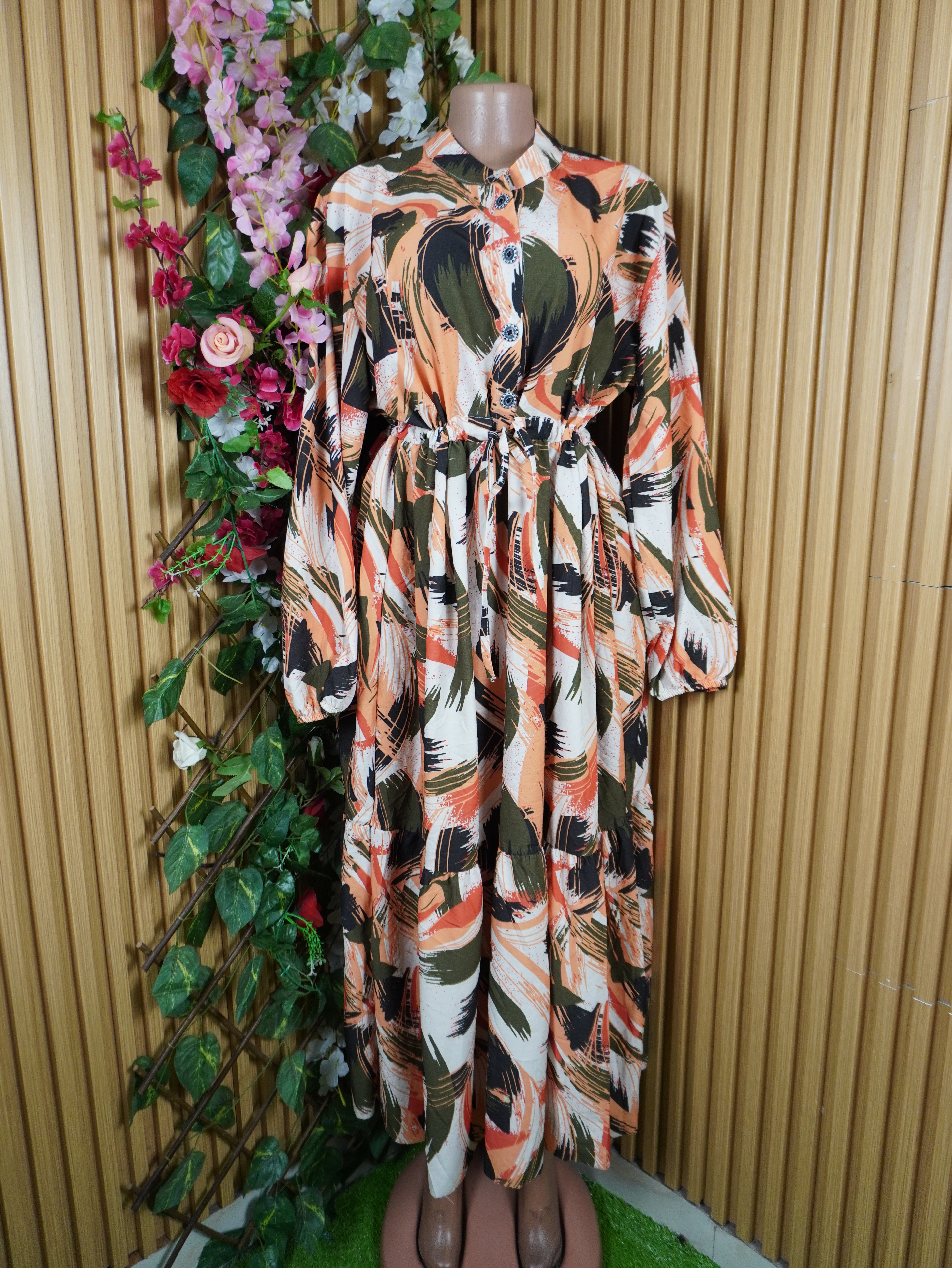 Robe évasée longue manches longuesimprimée fleuire-XXXL