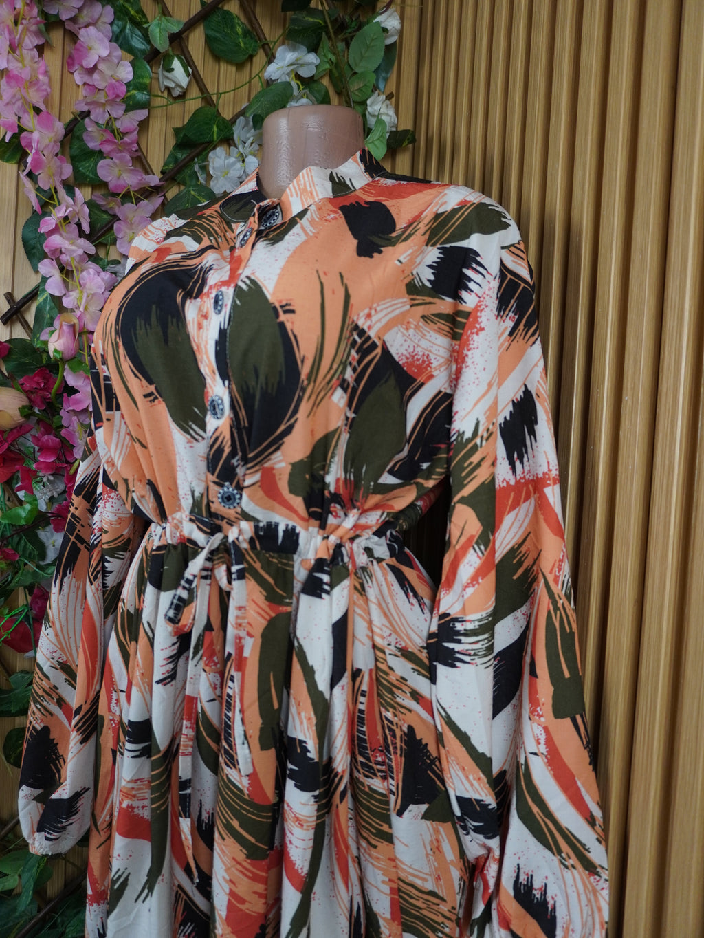 Robe évasée longue manches longuesimprimée fleuire-XXXL