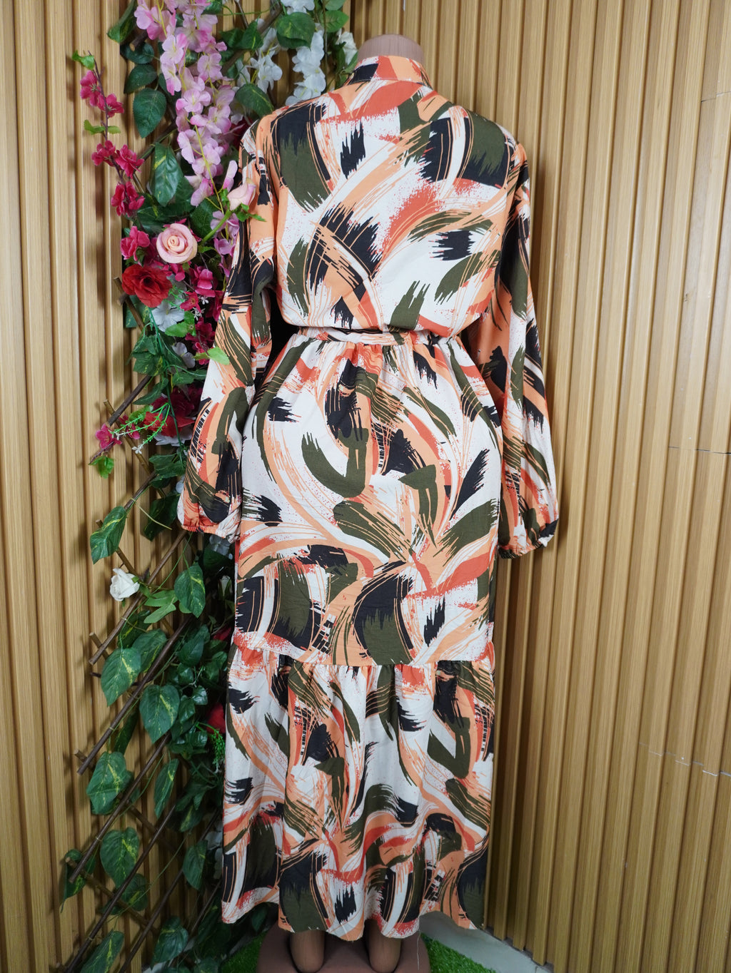 Robe évasée longue manches longuesimprimée fleuire-XXXL