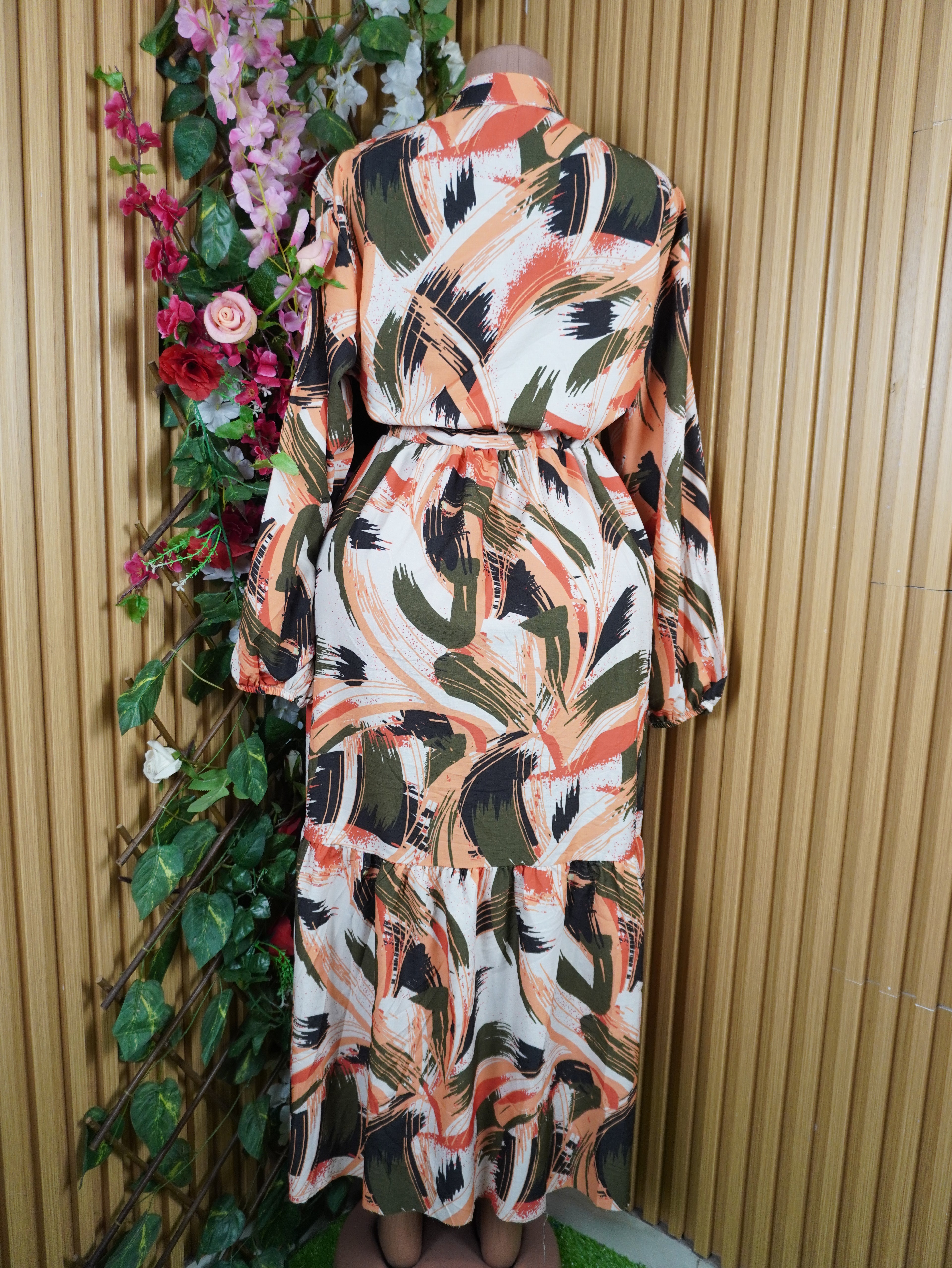 Robe évasée longue manches longuesimprimée fleuire-XXXL
