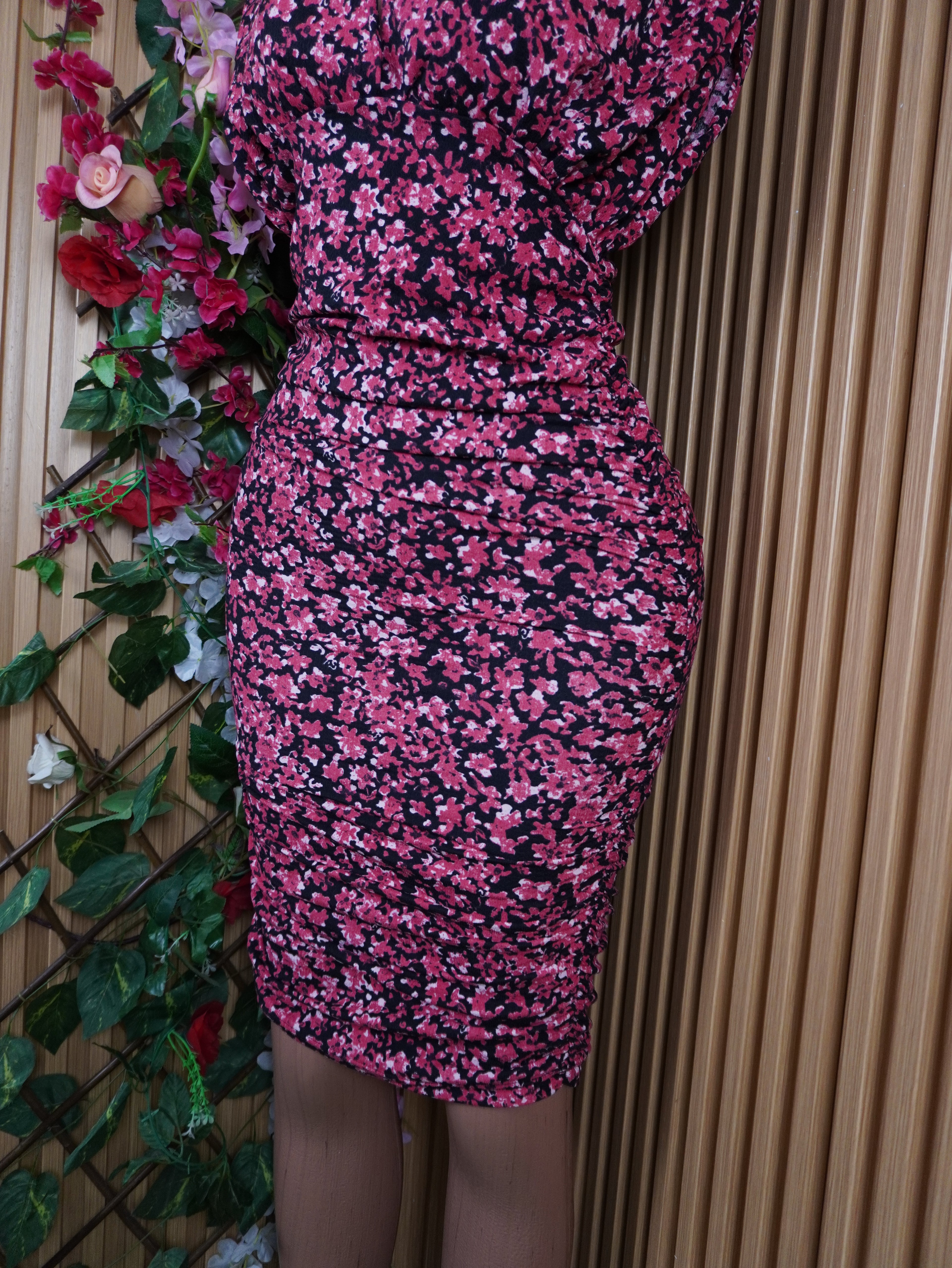 Robe moulante manches courtes imprimée fleurie-S