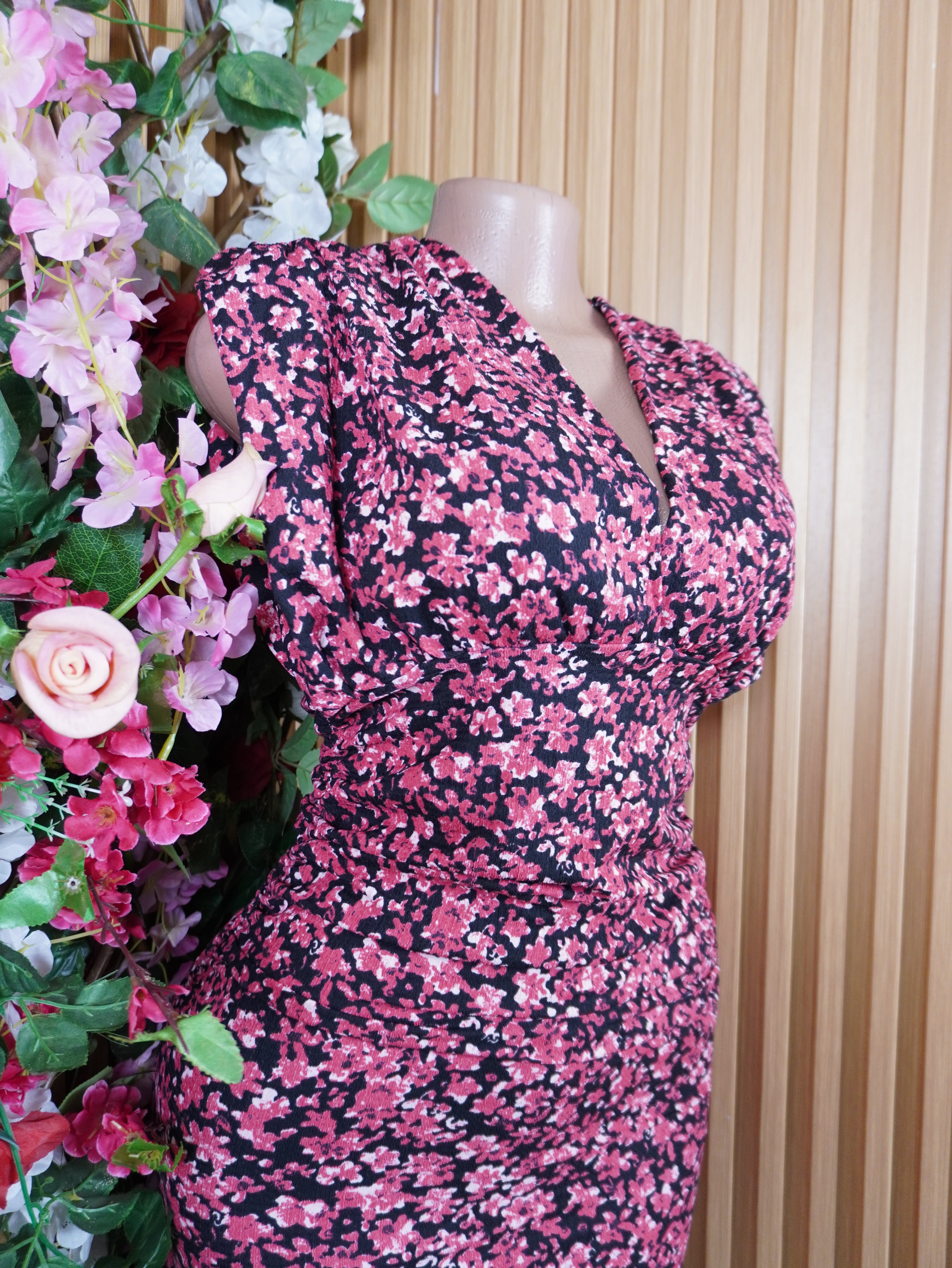Robe moulante manches courtes imprimée fleurie-S