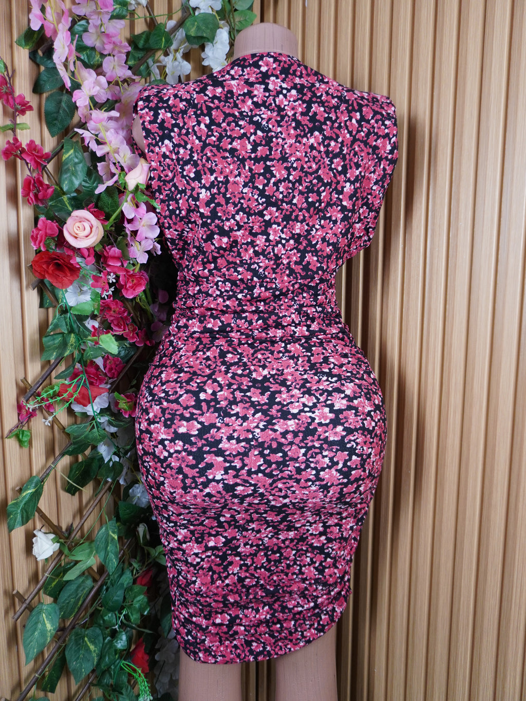 Robe moulante manches courtes imprimée fleurie-S