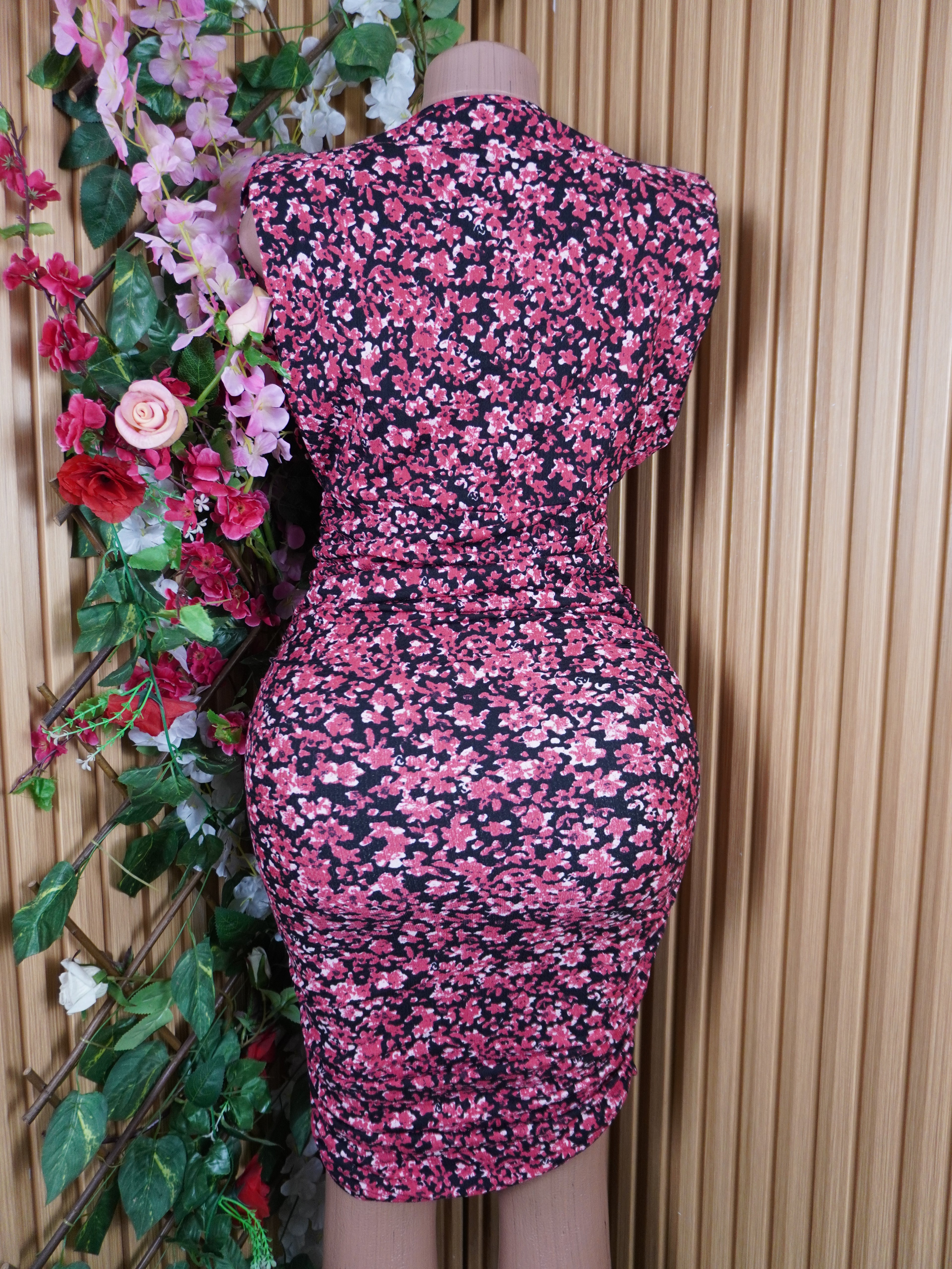 Robe moulante manches courtes imprimée fleurie-S
