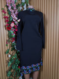 Robe évasée mi-longue manches longues motif deux temps-L