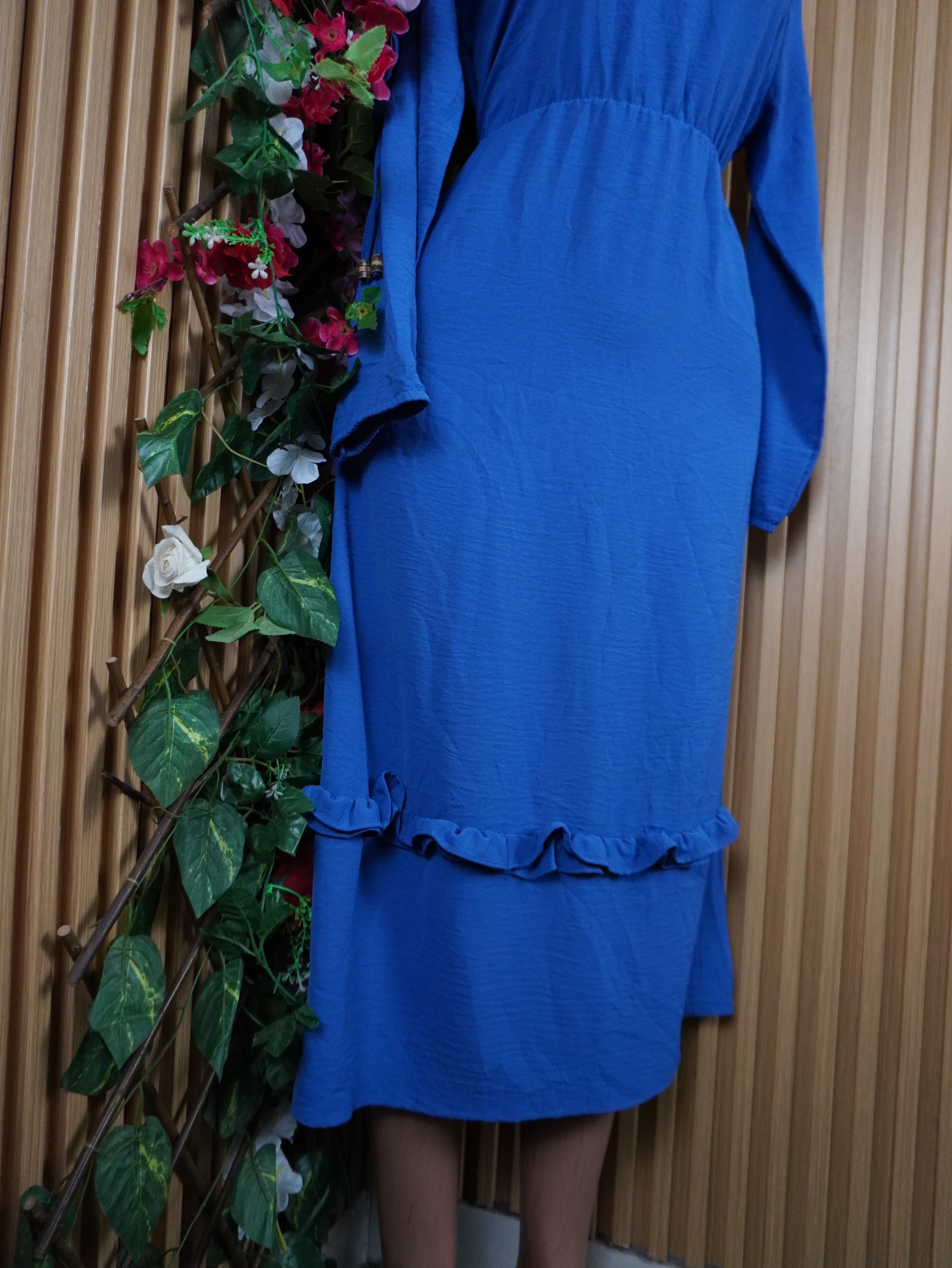 Robe évasée longue manches longues ceintrée-L
