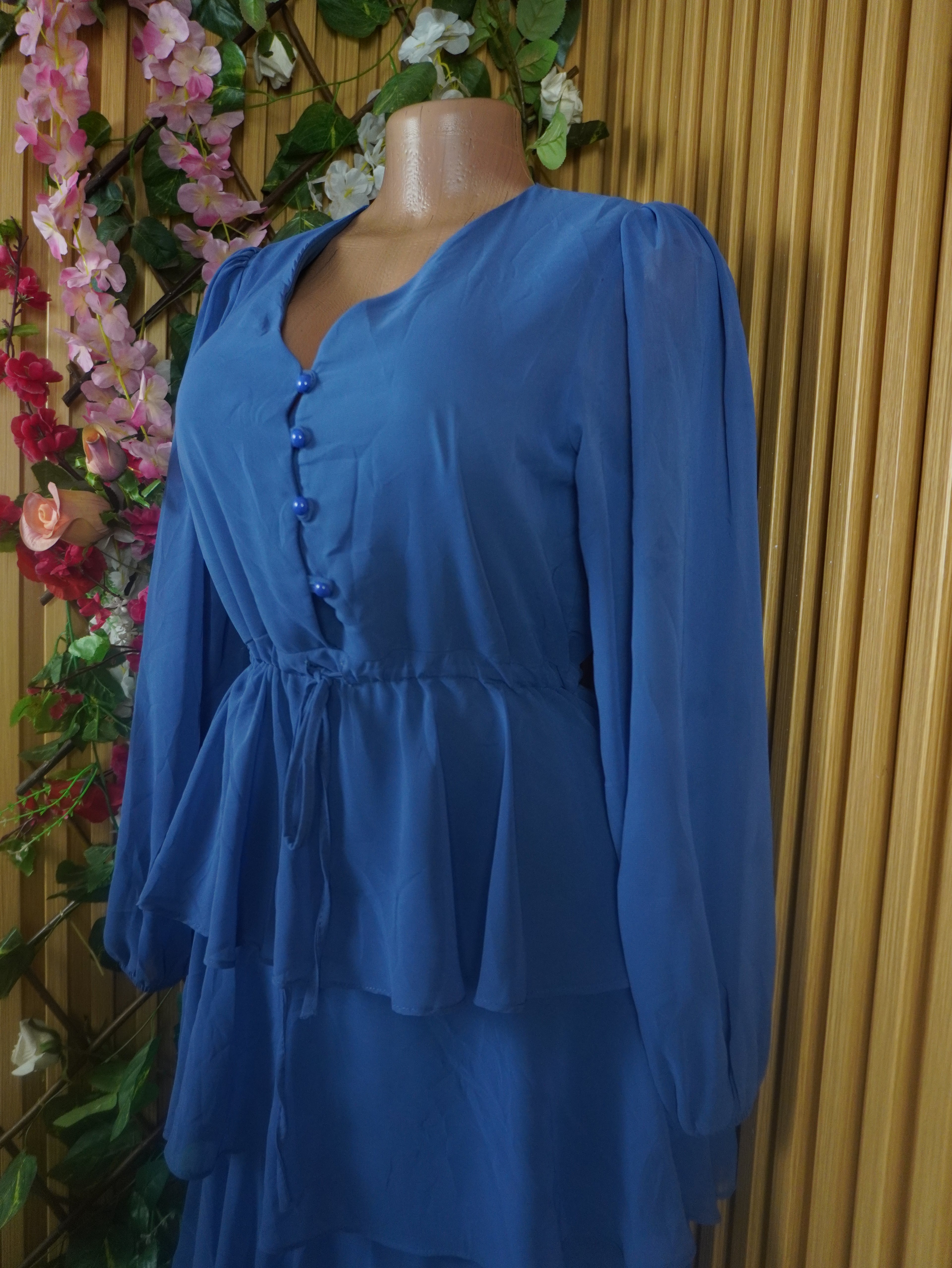 Robe évasée longue manches longues plissée-L
