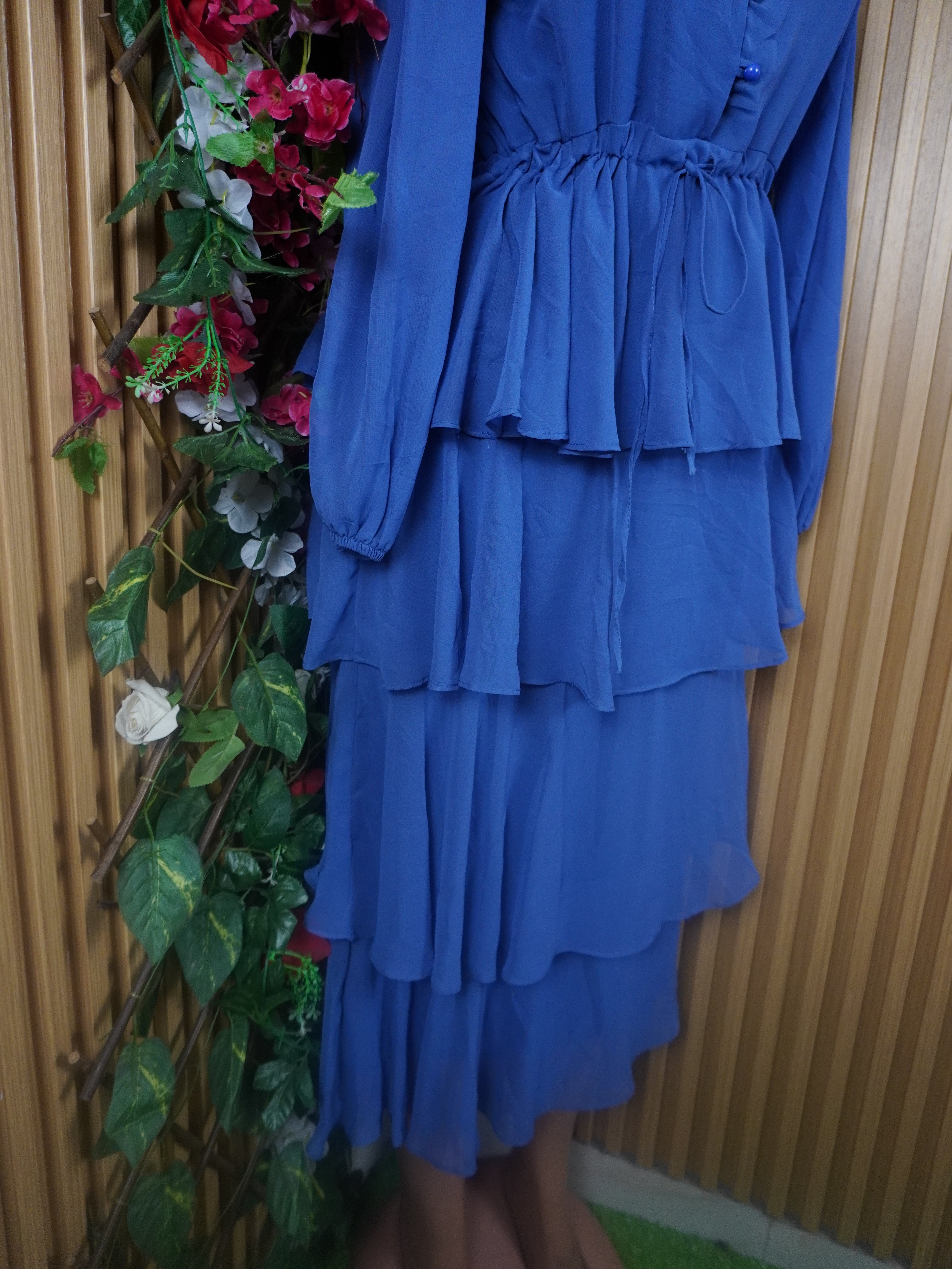 Robe évasée longue manches longues plissée-L