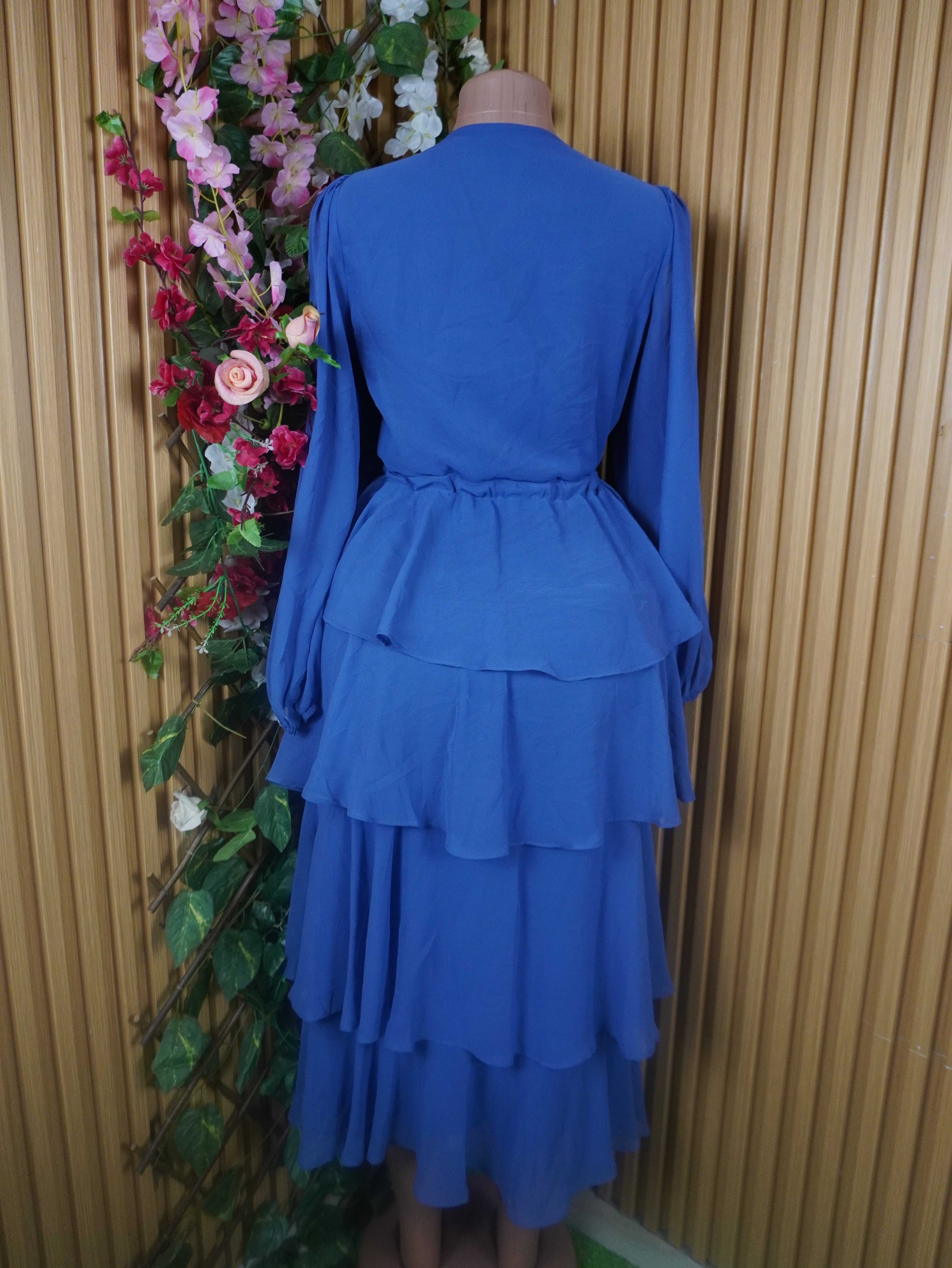 Robe évasée longue manches longues plissée-L