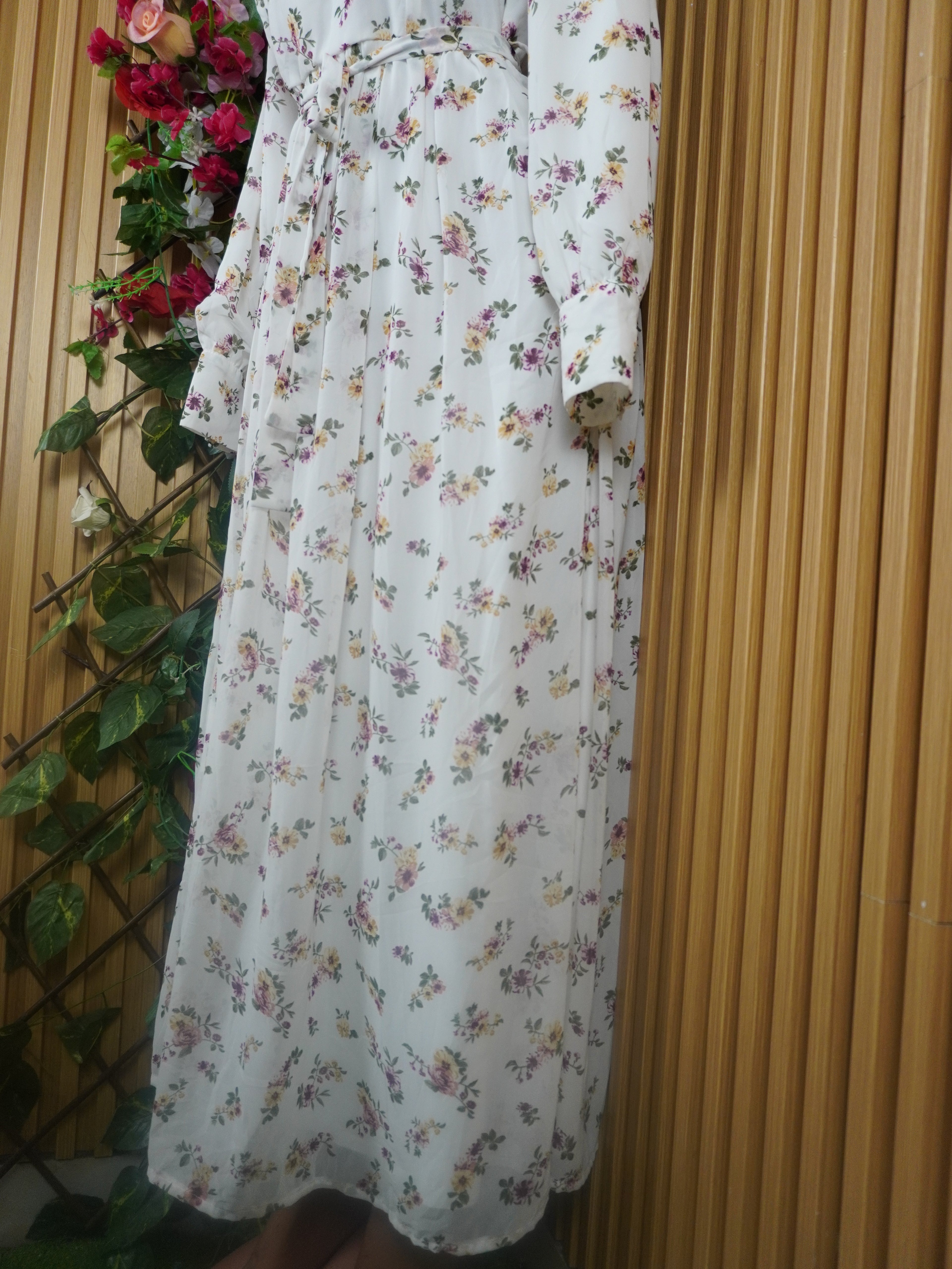 Robe évasée longue manches longues imprimée fleurie-L