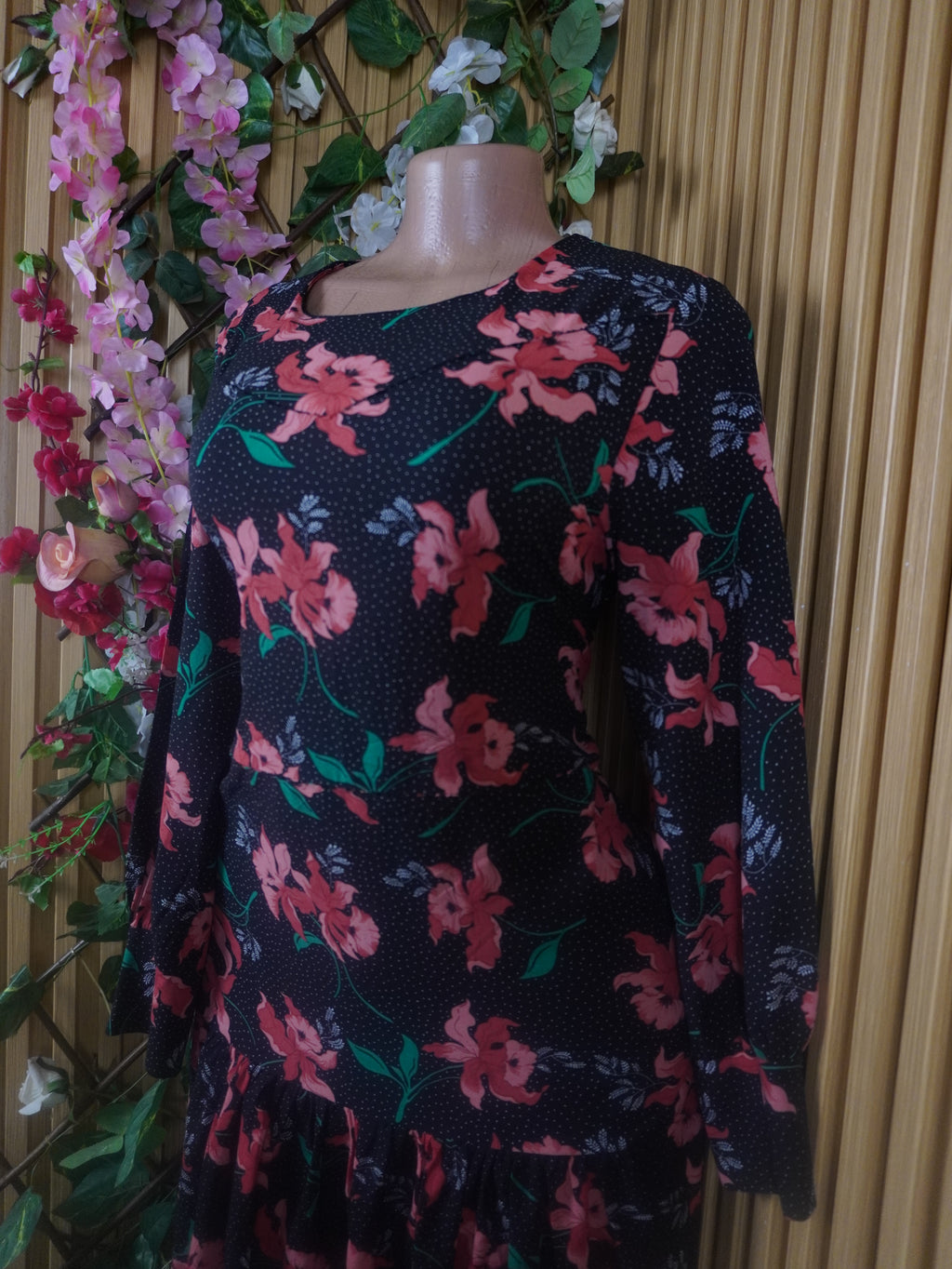 Robe évasée longue manches longues imprimié fleurie-L