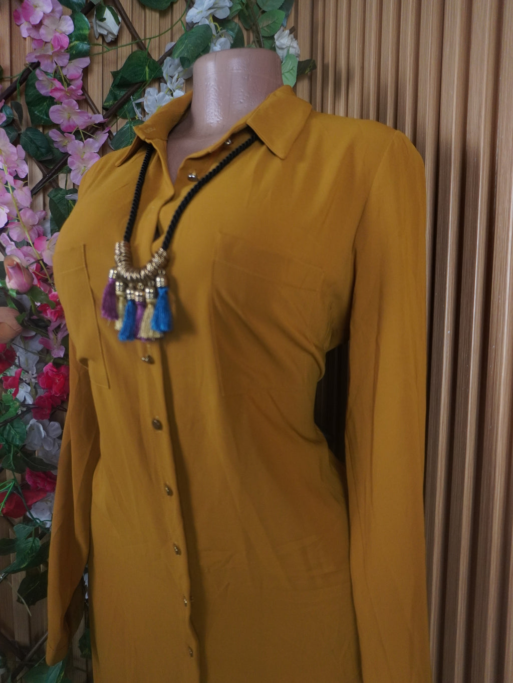 Robe évasée longue manches longues col chemise-L