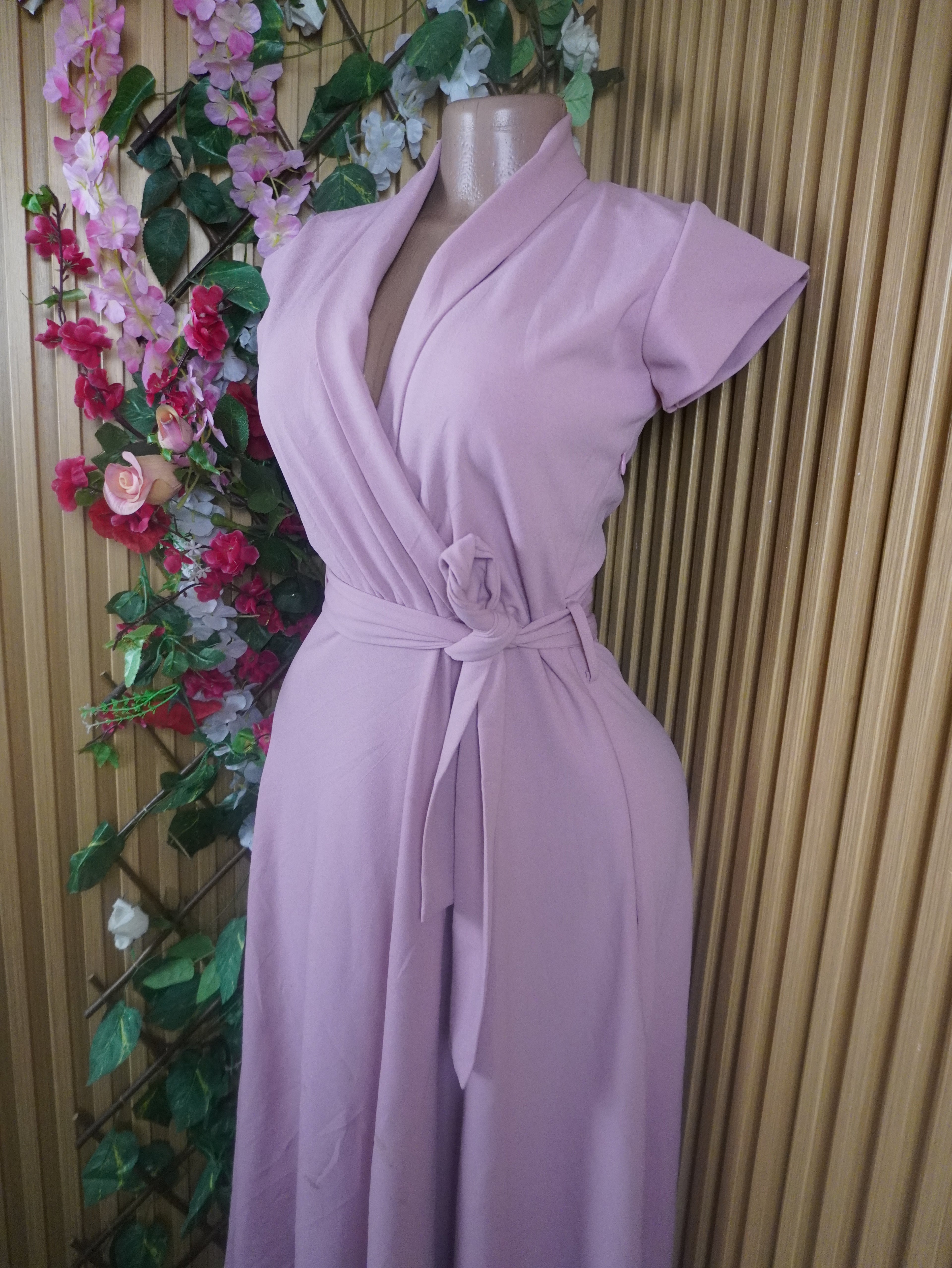 Robe évasée longue manches courtes ceintrée-S