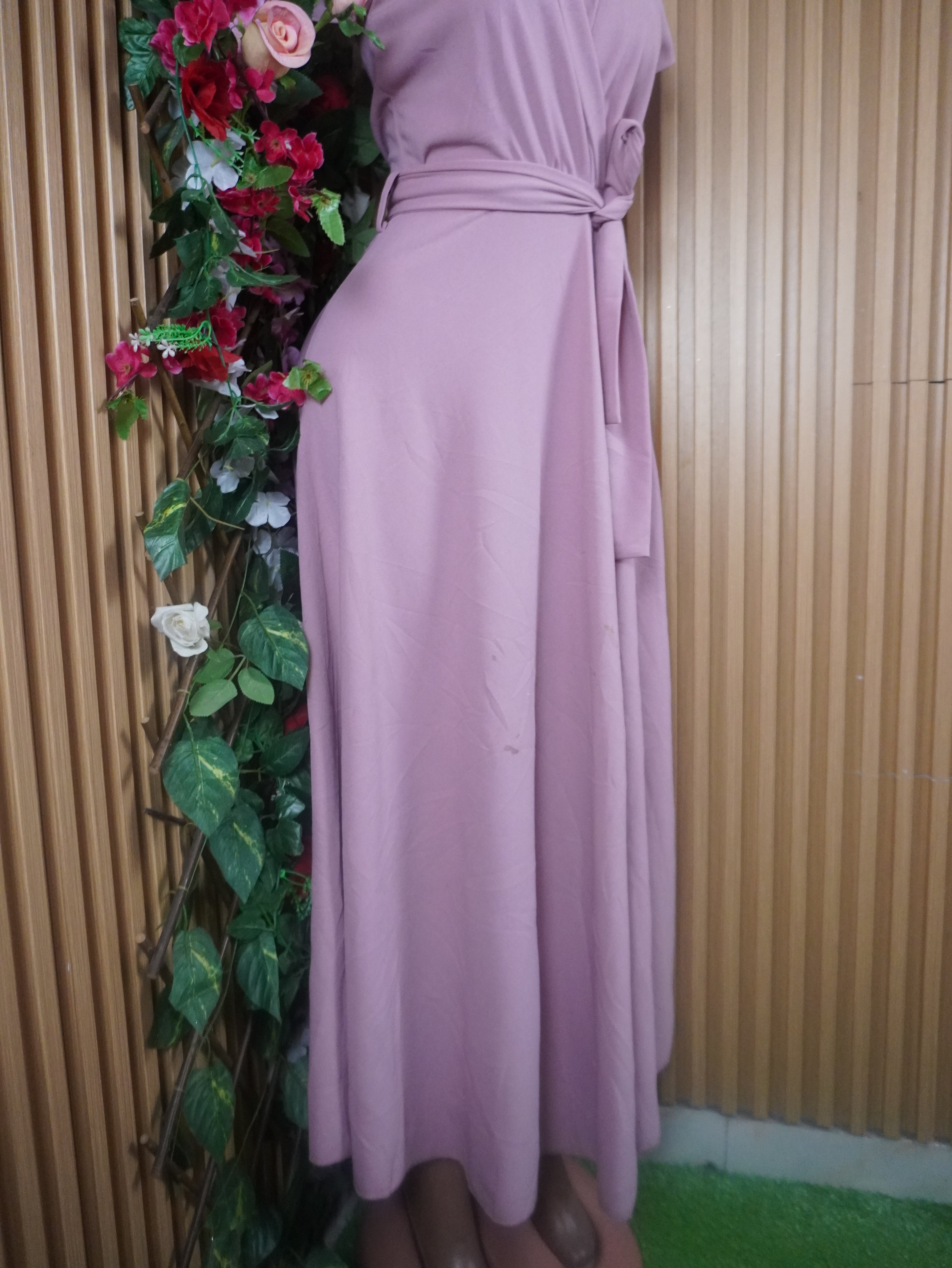 Robe évasée longue manches courtes ceintrée-S