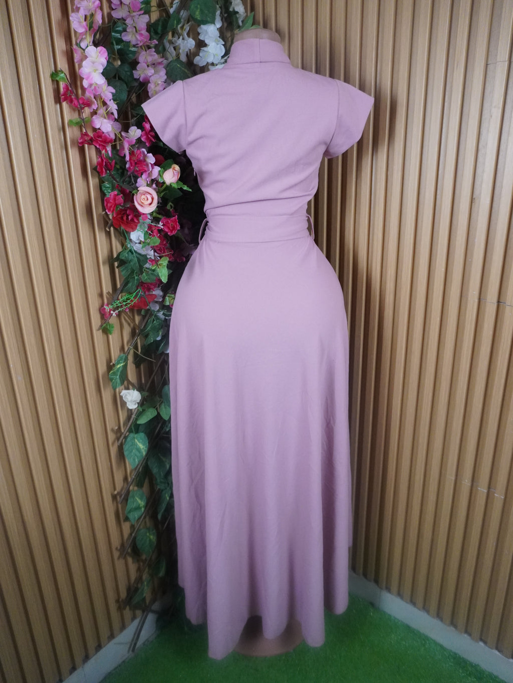 Robe évasée longue manches courtes ceintrée-S
