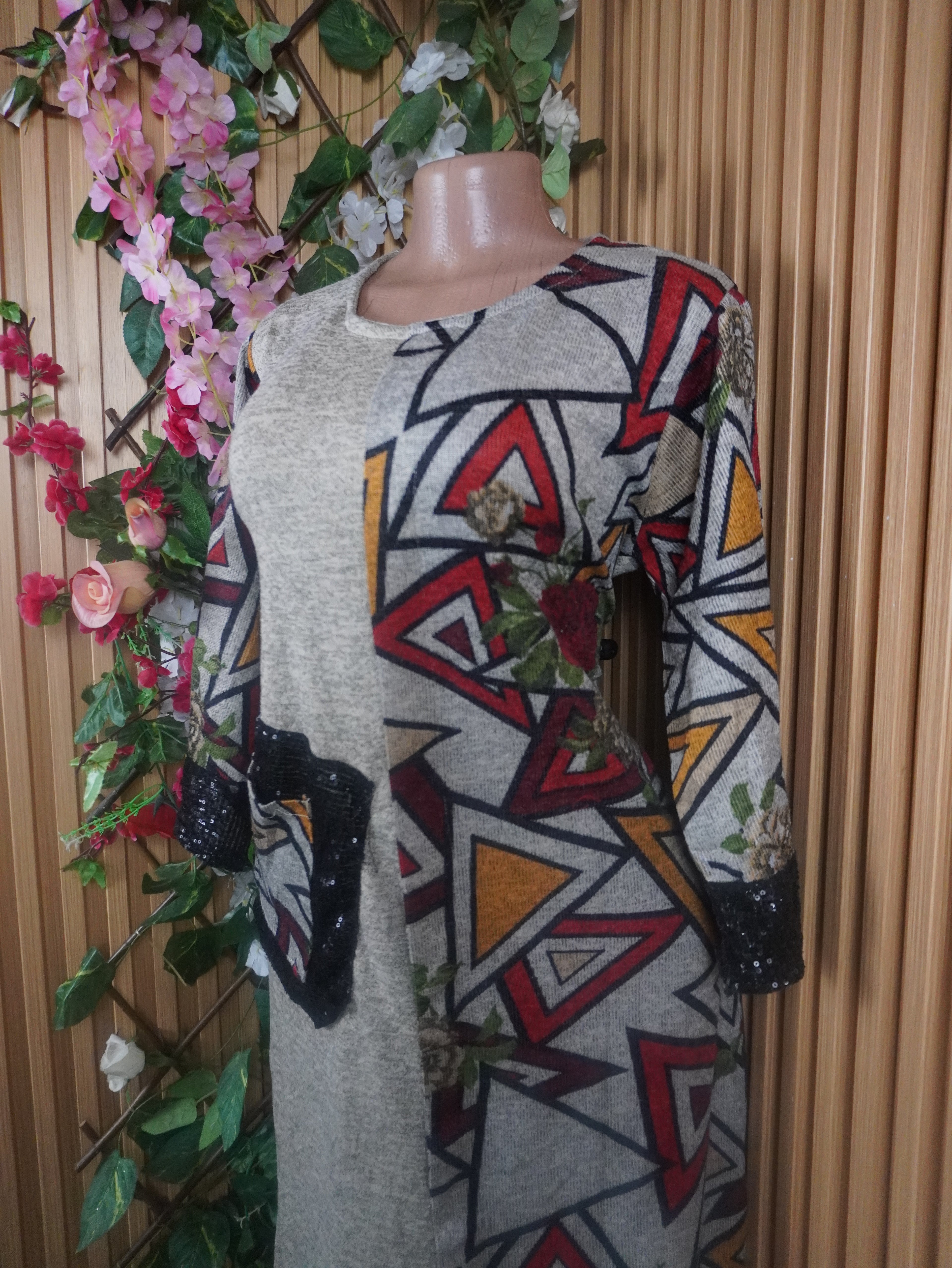 Robe évasée longues manches longues motif deux temps-XXL