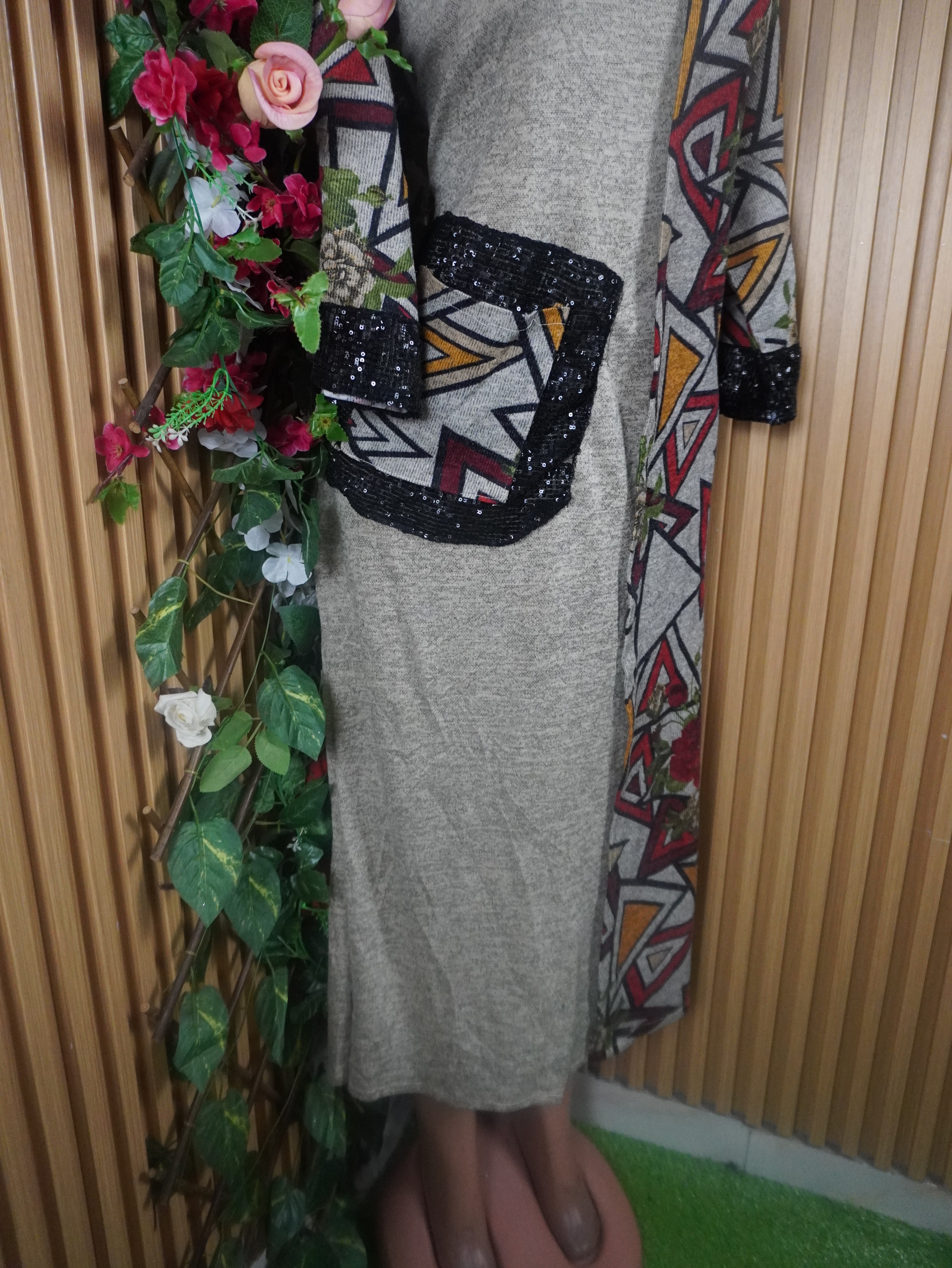 Robe évasée longues manches longues motif deux temps-XXL