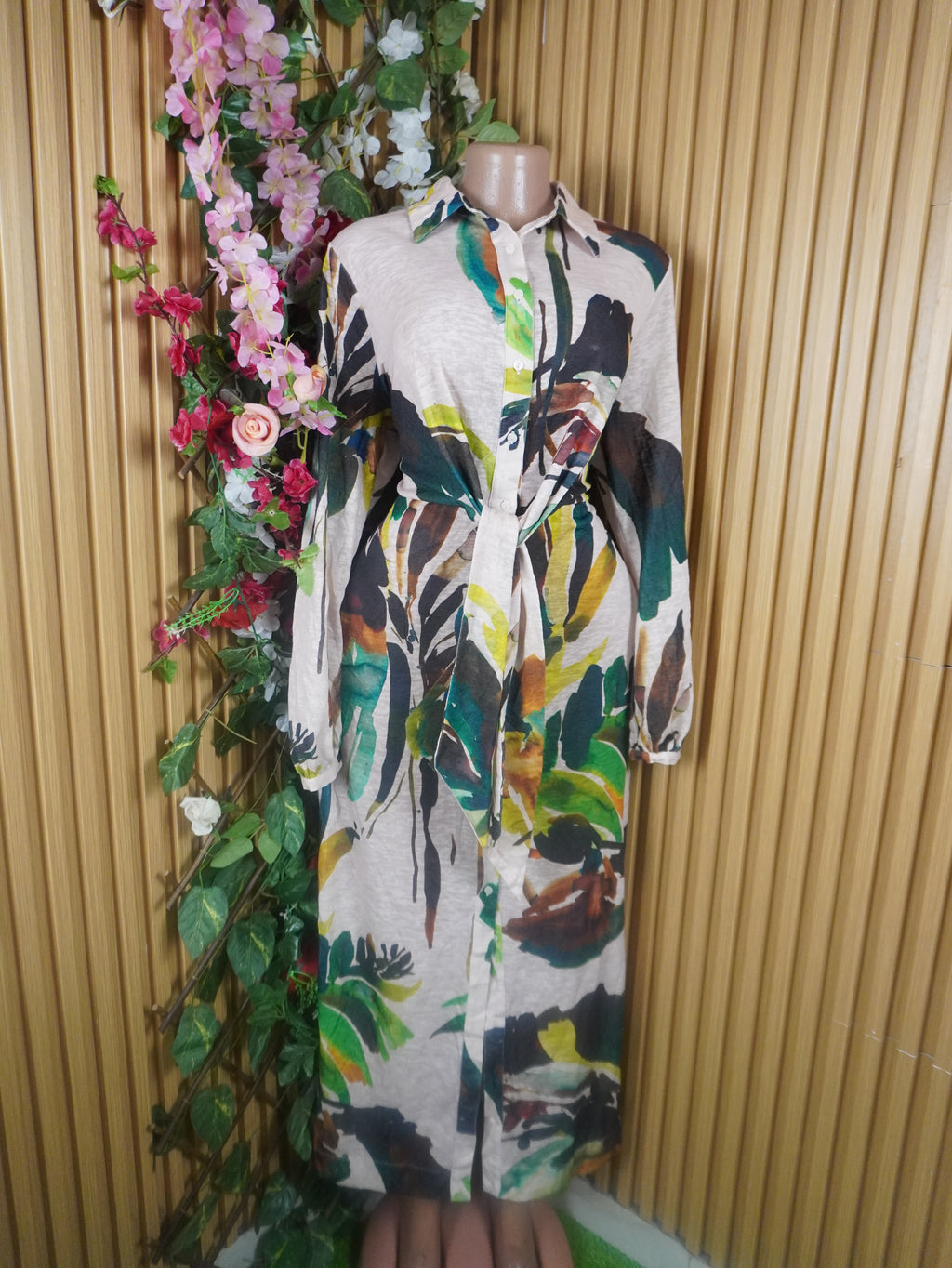 Robe évasée longue manches longues imprimée fleurie-L