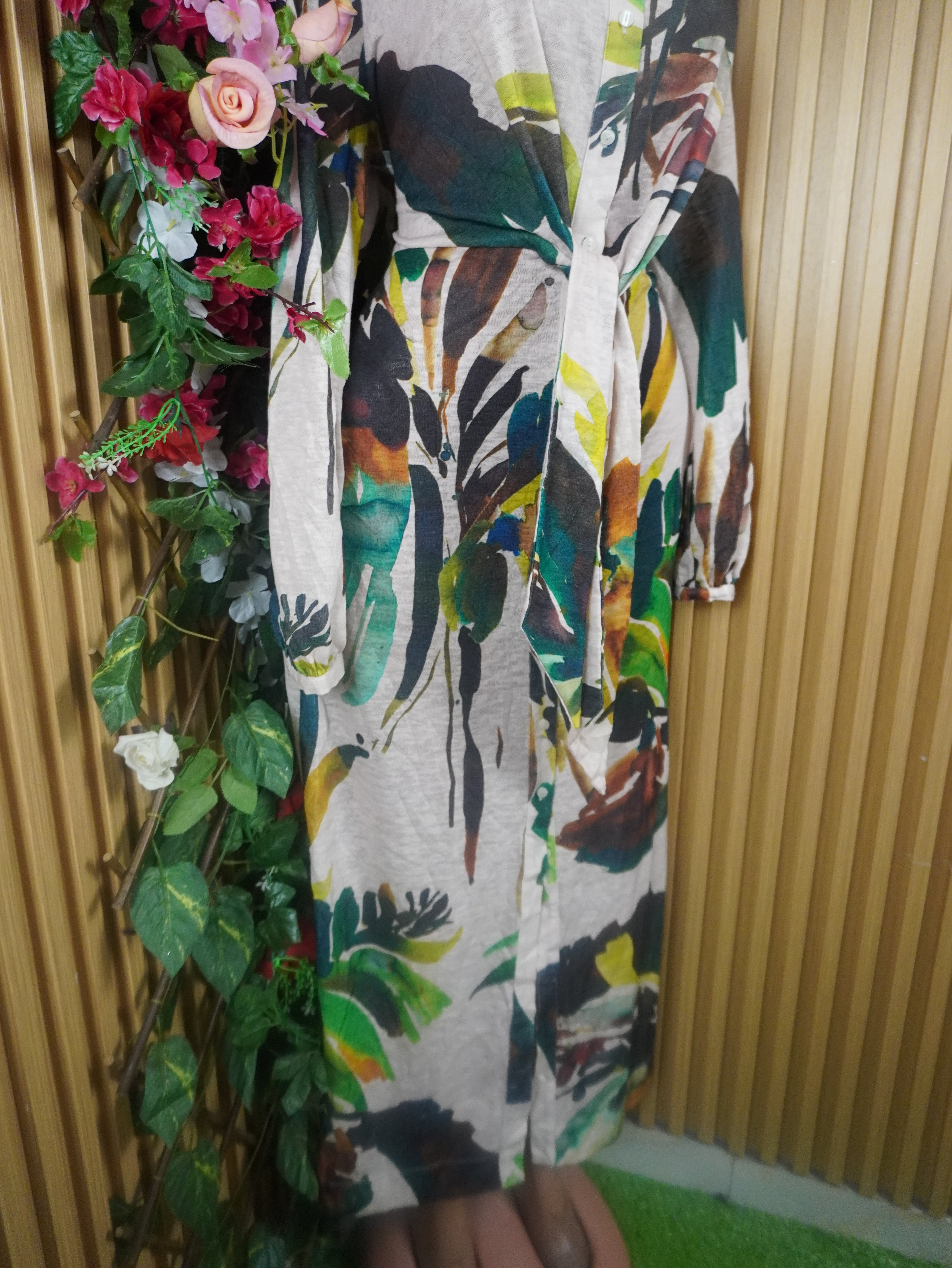 Robe évasée longue manches longues imprimée fleurie-L