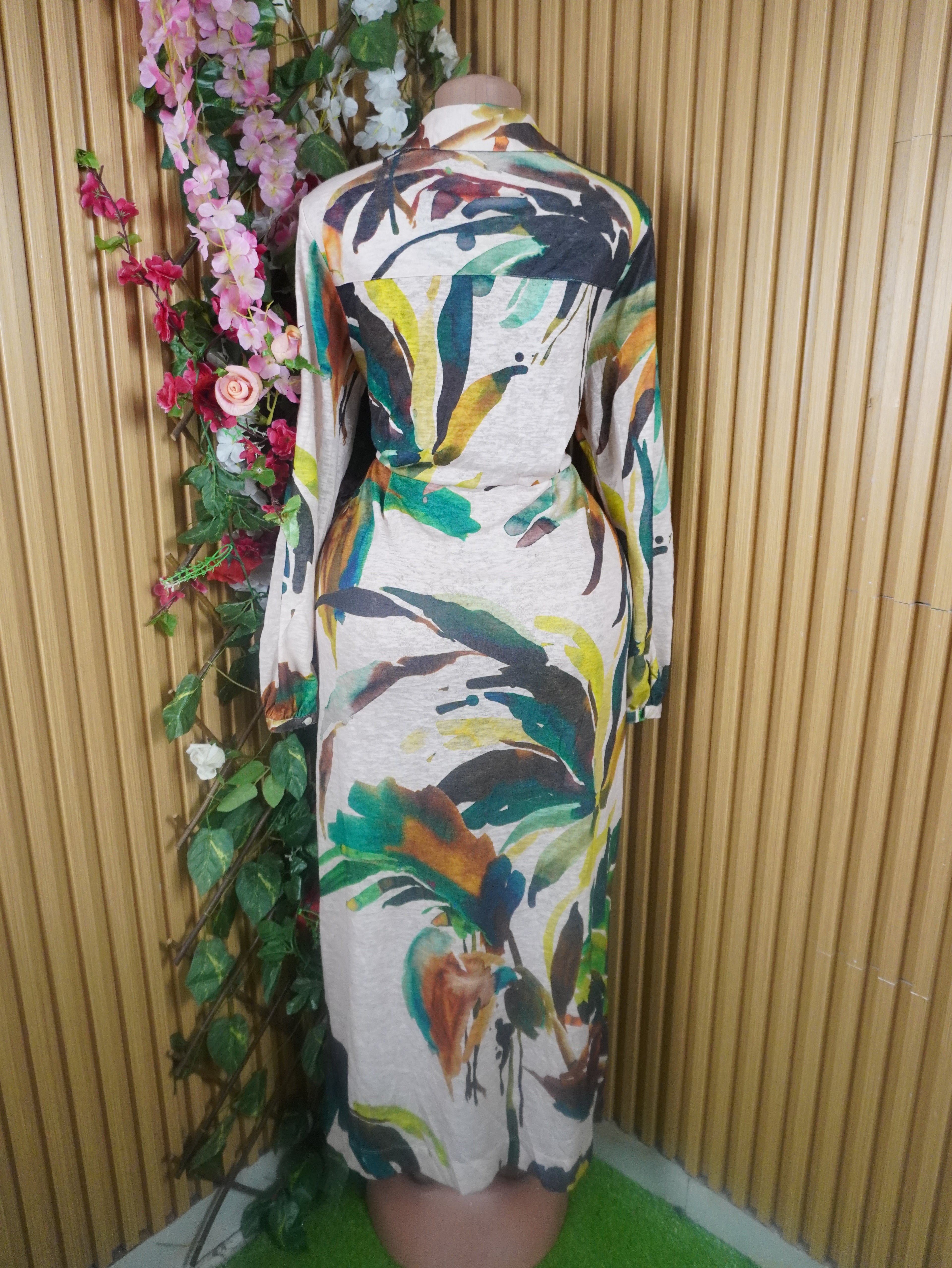 Robe évasée longue manches longues imprimée fleurie-L