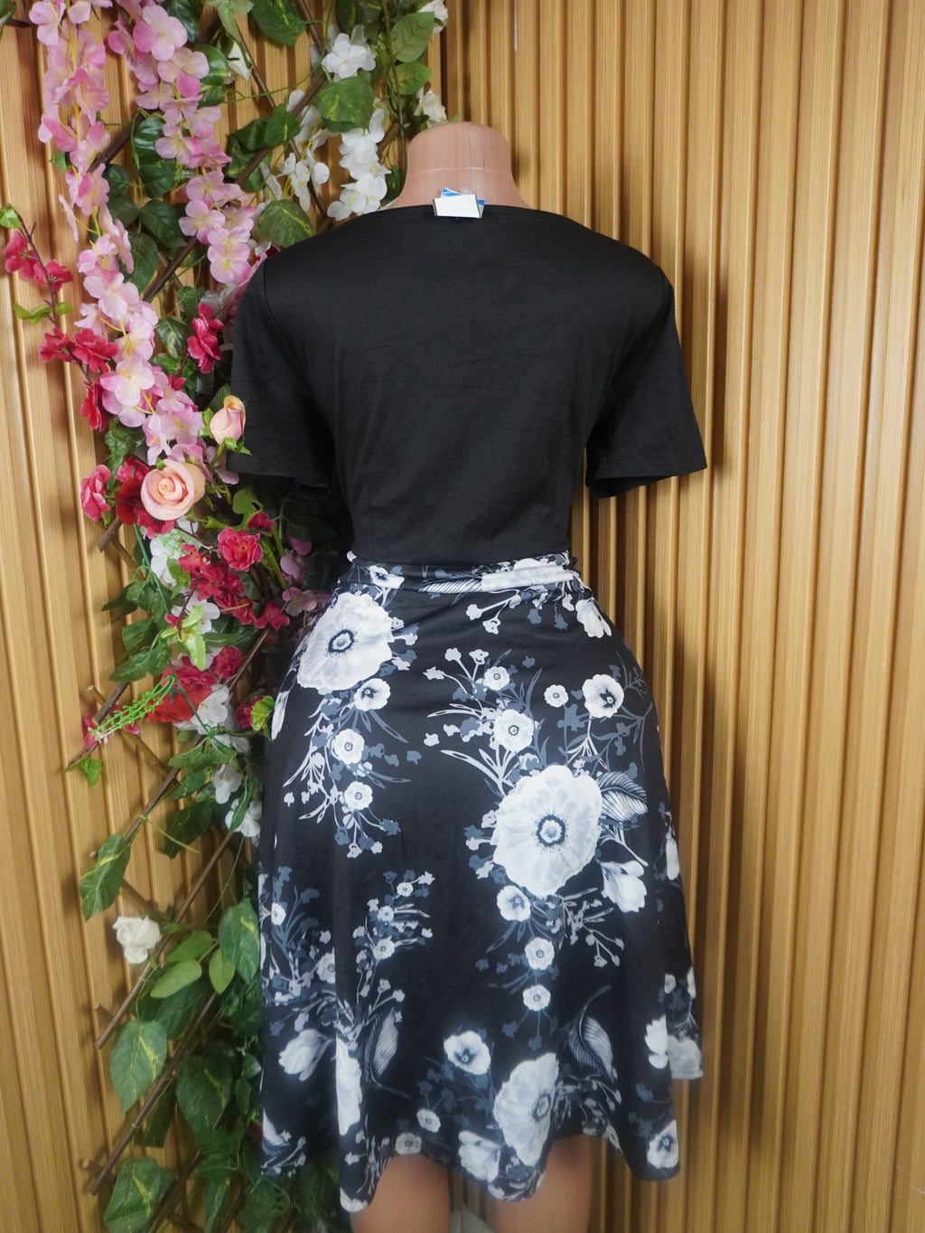 Robe évasée manches courtes motif deux temps-L