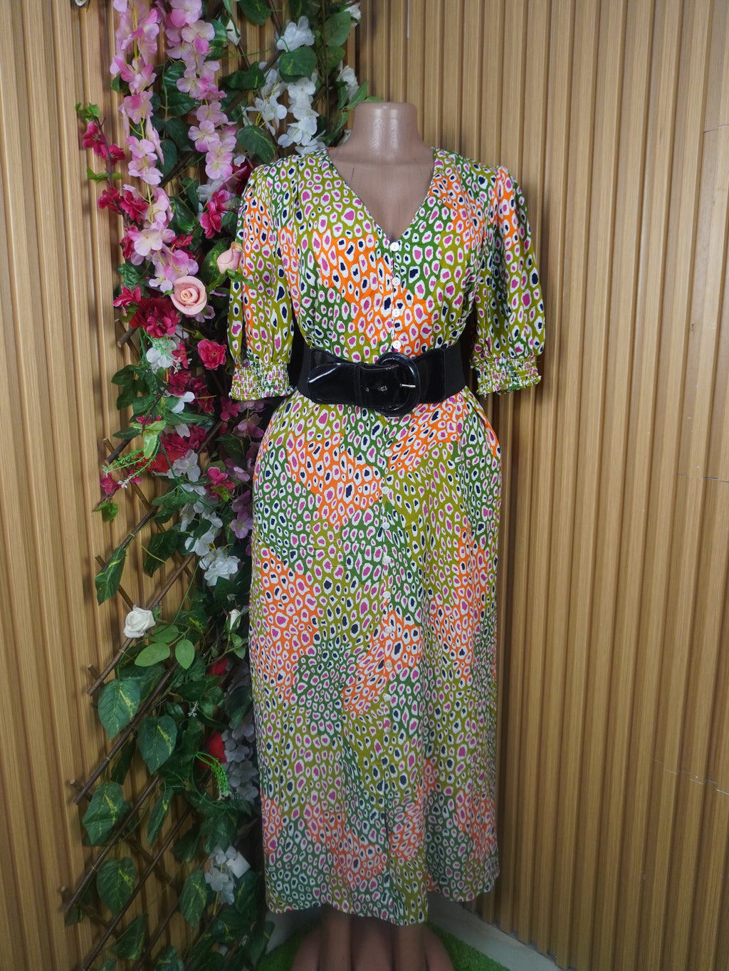 Robe évasée manches 3/4 imprimée fleurie décolletée-L