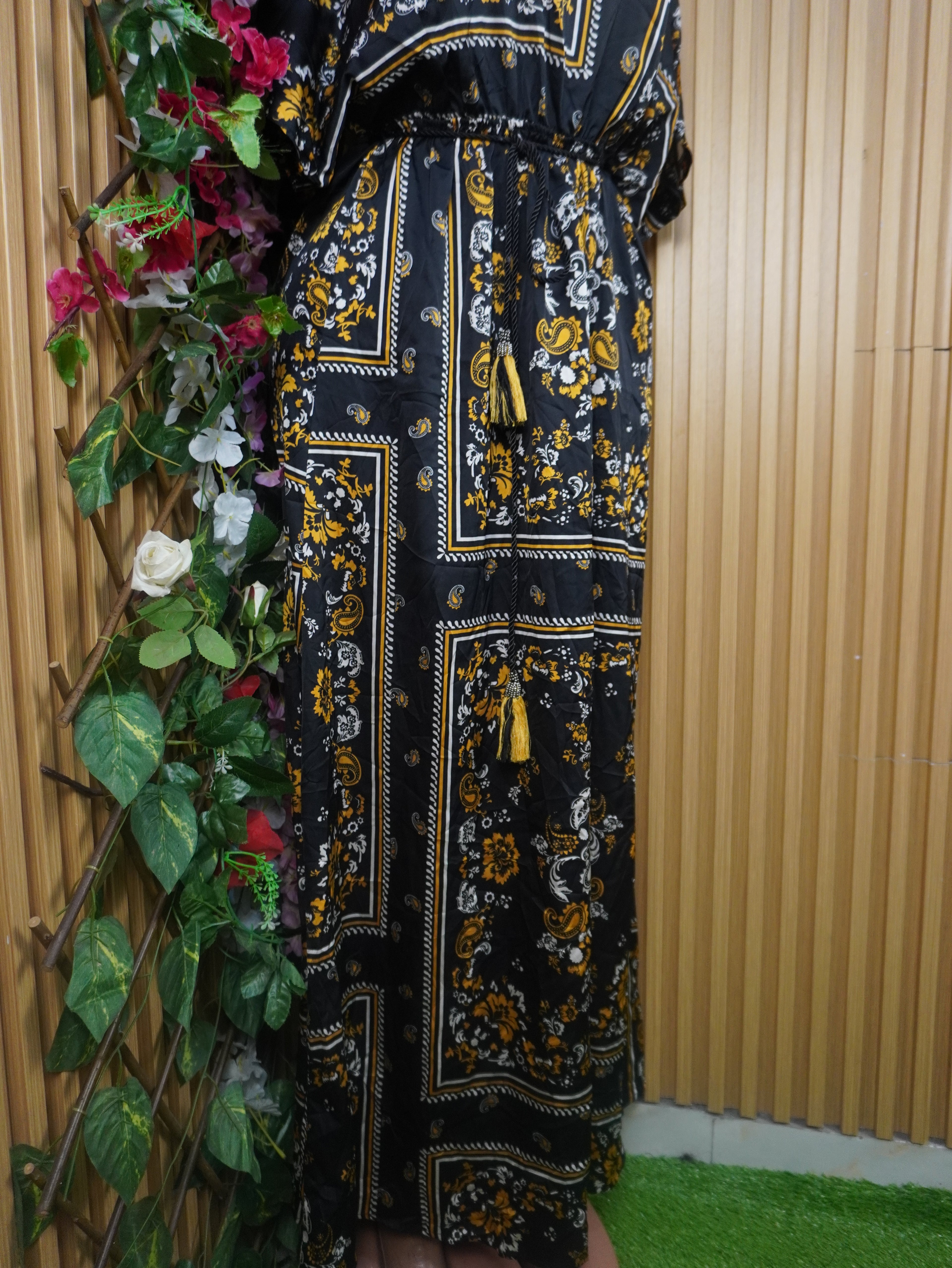 Robe évasée longue manches courtes décolletée-L