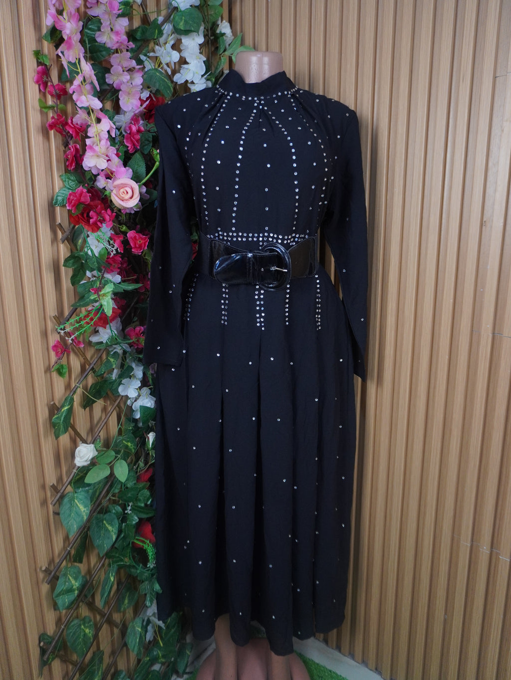 Robe évasée longue manches longues col mao-XXL