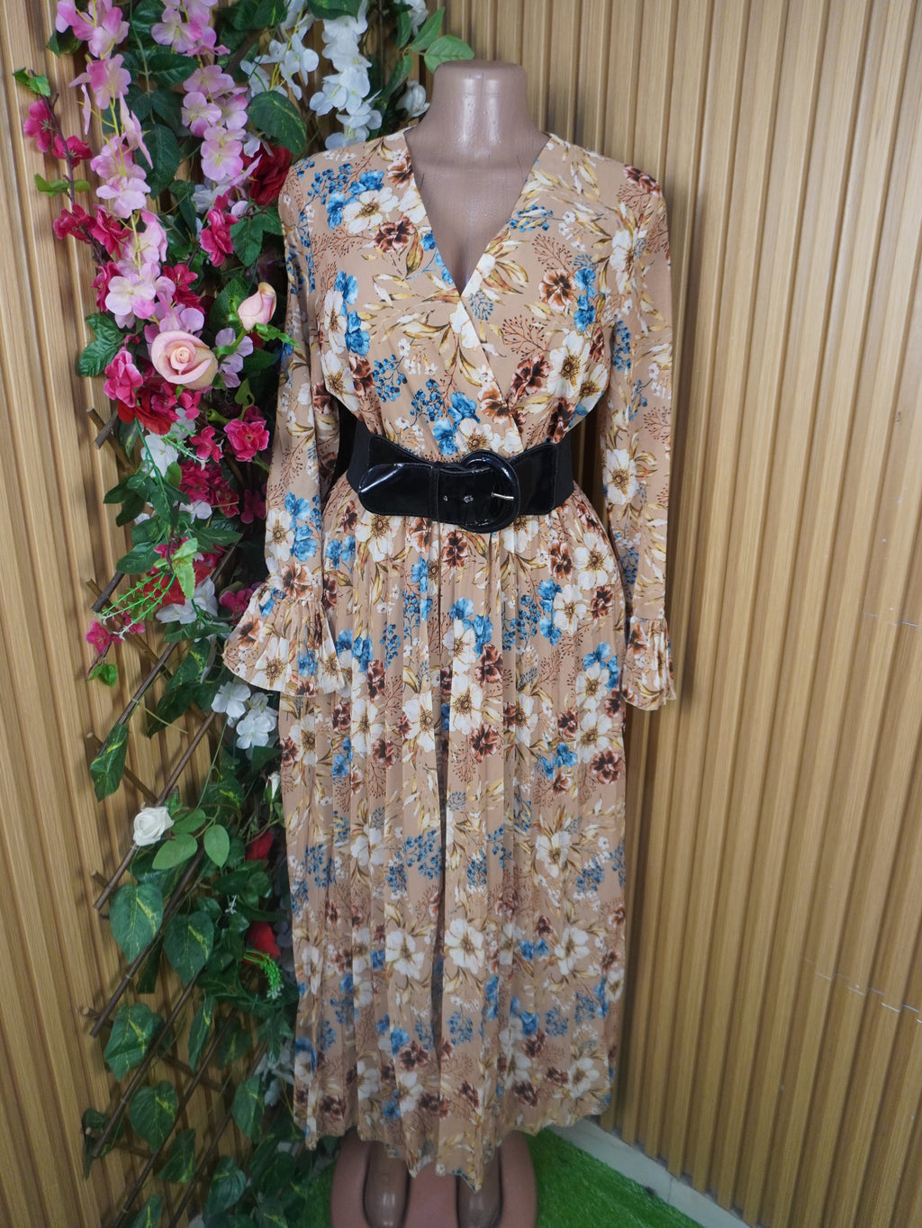 Robe évasée longue manches longue imprimée fleurie-S