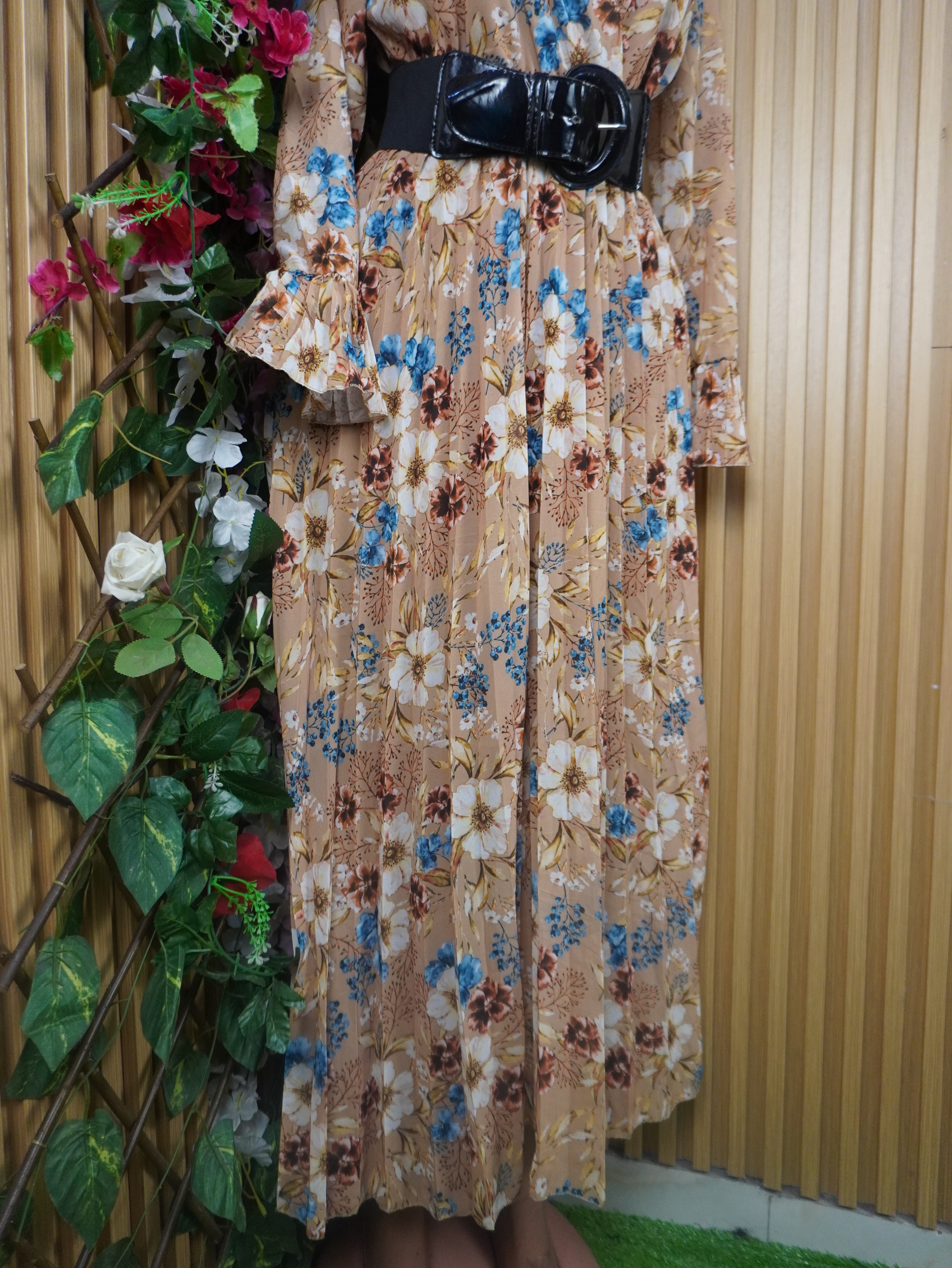 Robe évasée longue manches longue imprimée fleurie-S