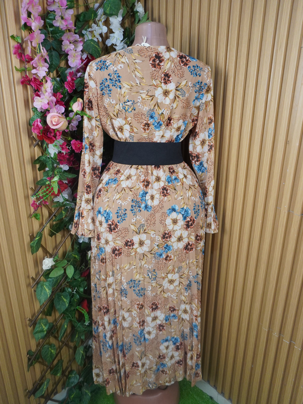 Robe évasée longue manches longue imprimée fleurie-S