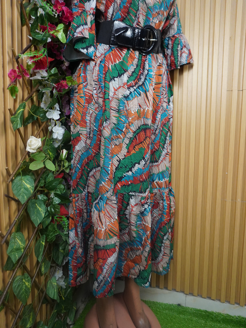 Robe évasée longues manches courtes décolletée-L