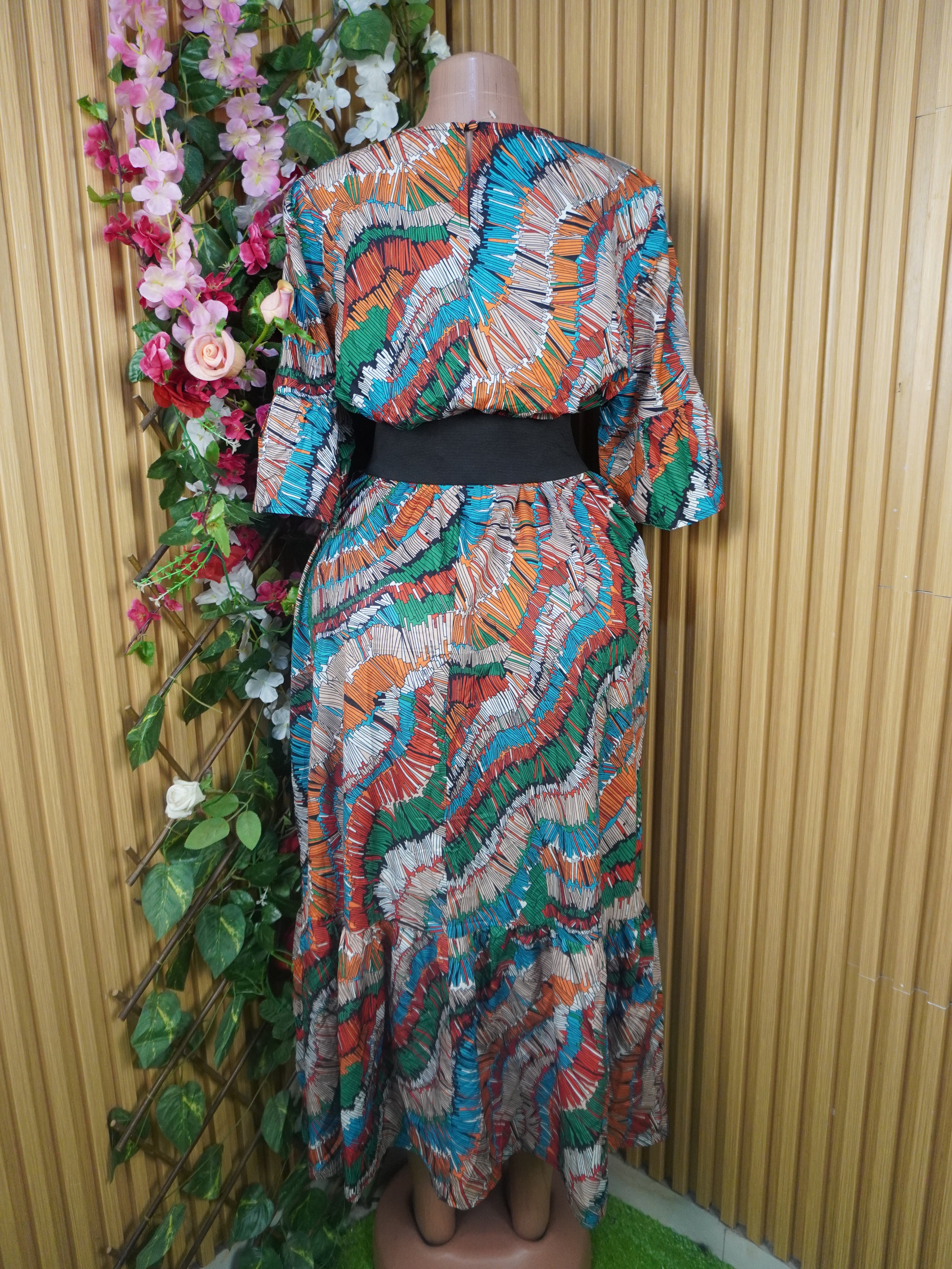 Robe évasée longues manches courtes décolletée-L
