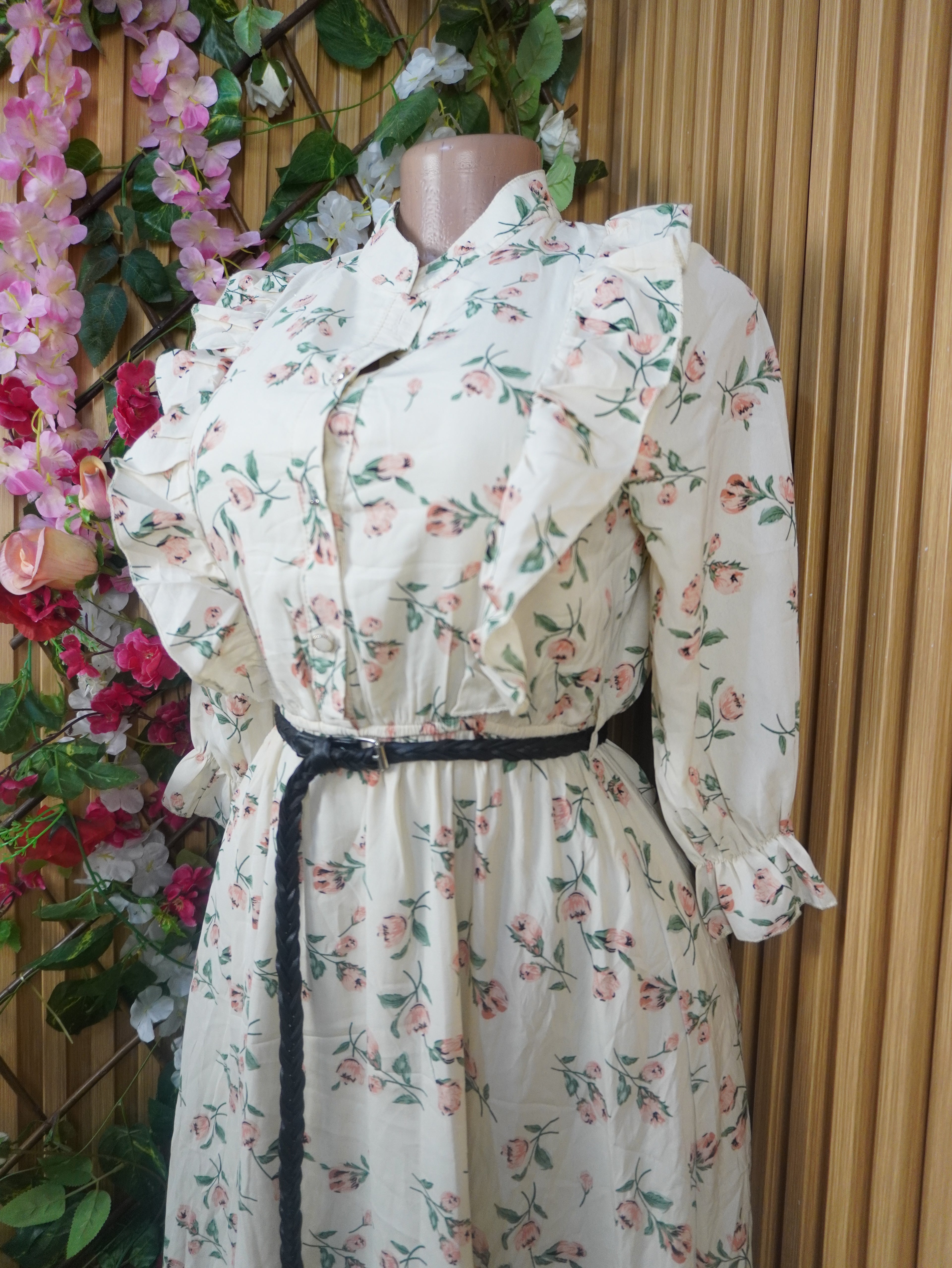 Robe évasée manches longues imprimée fleurie-S