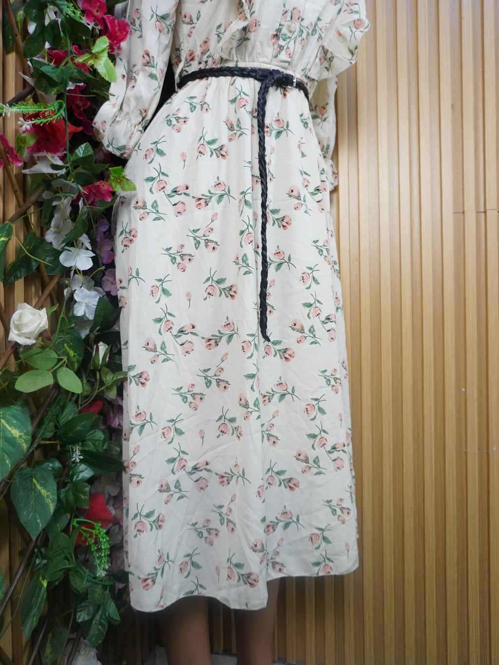 Robe évasée manches longues imprimée fleurie-S