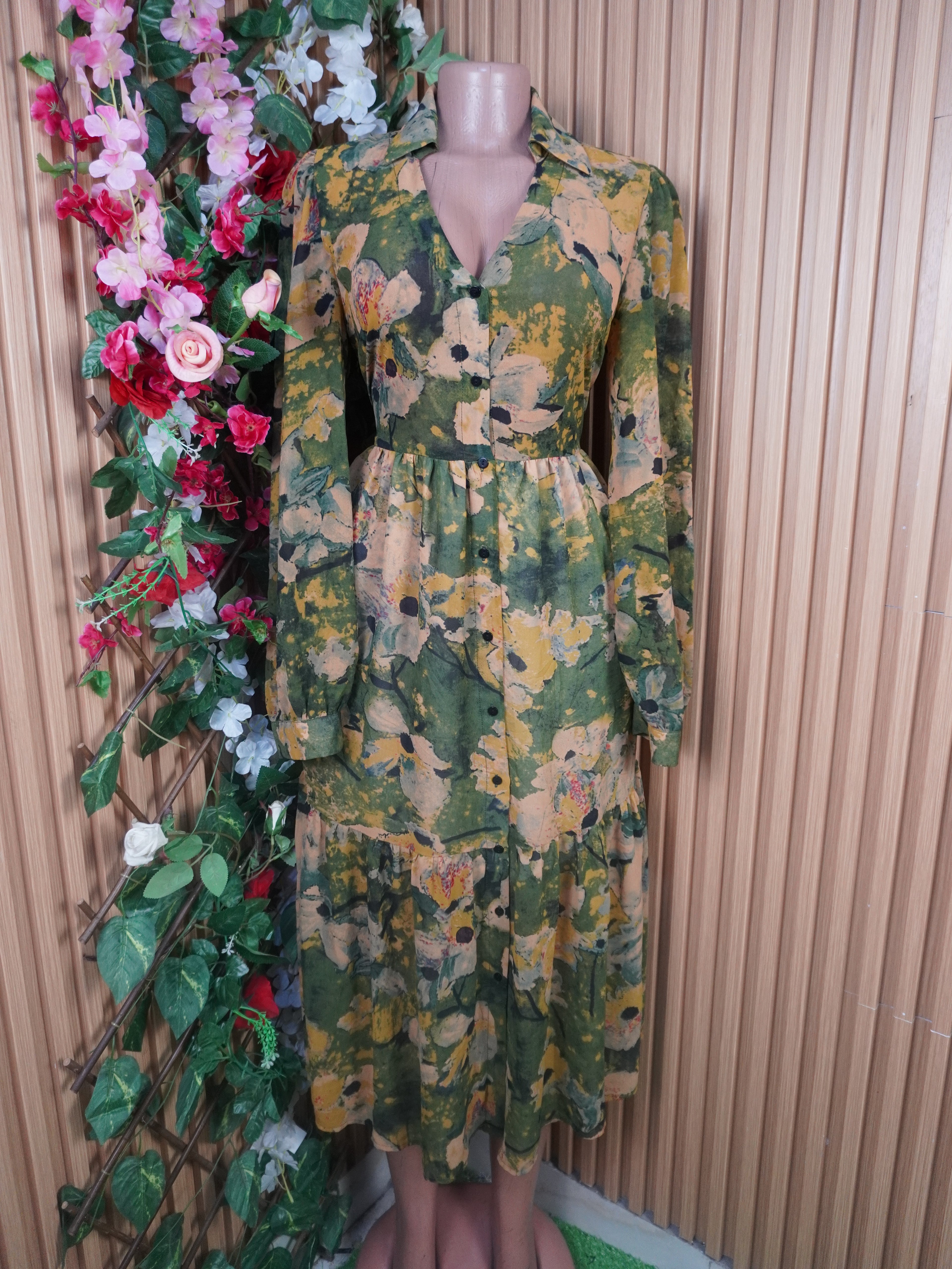 Robe évasée longue manches longues imprimée fleurie-M