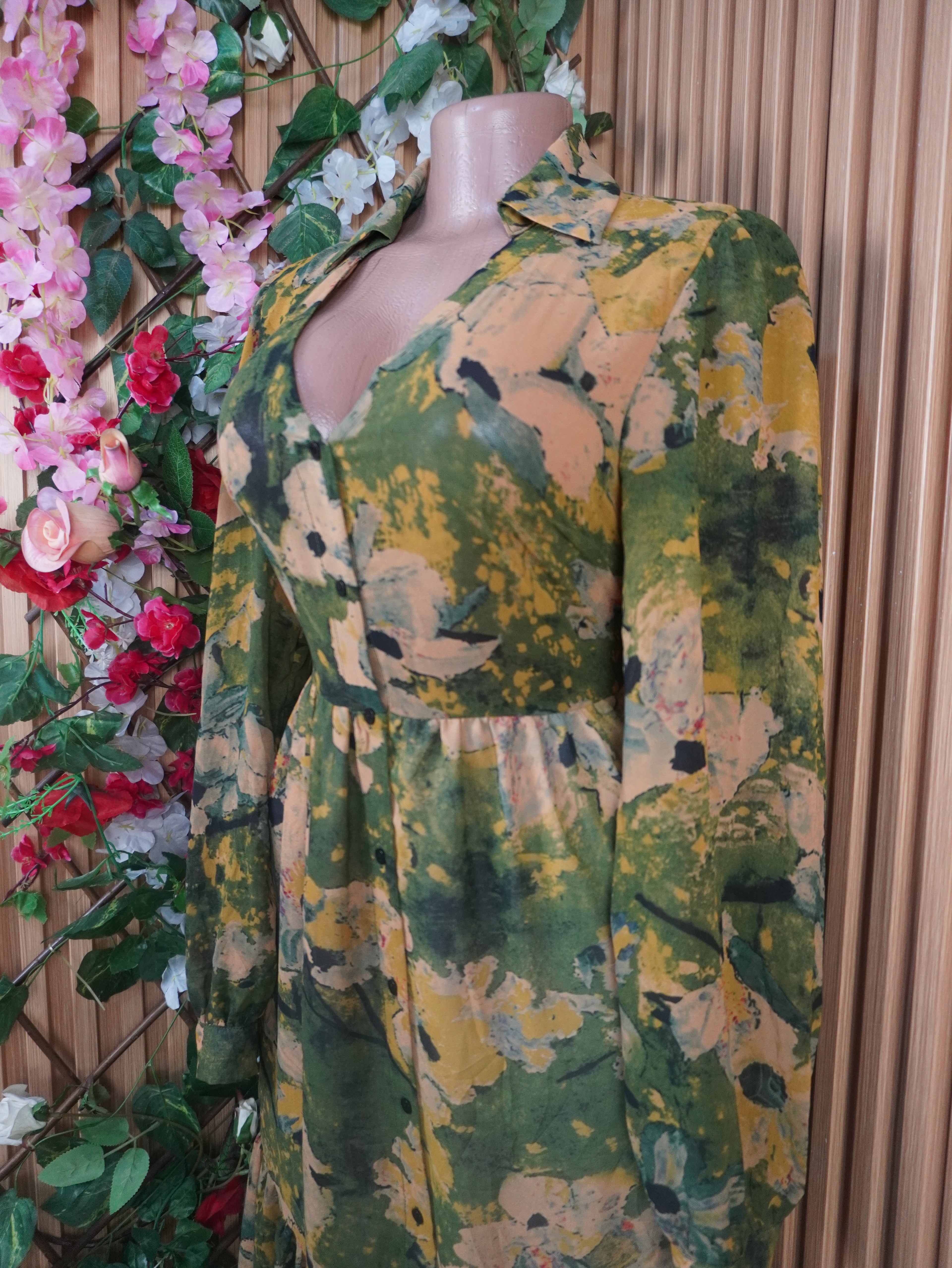 Robe évasée longue manches longues imprimée fleurie-M