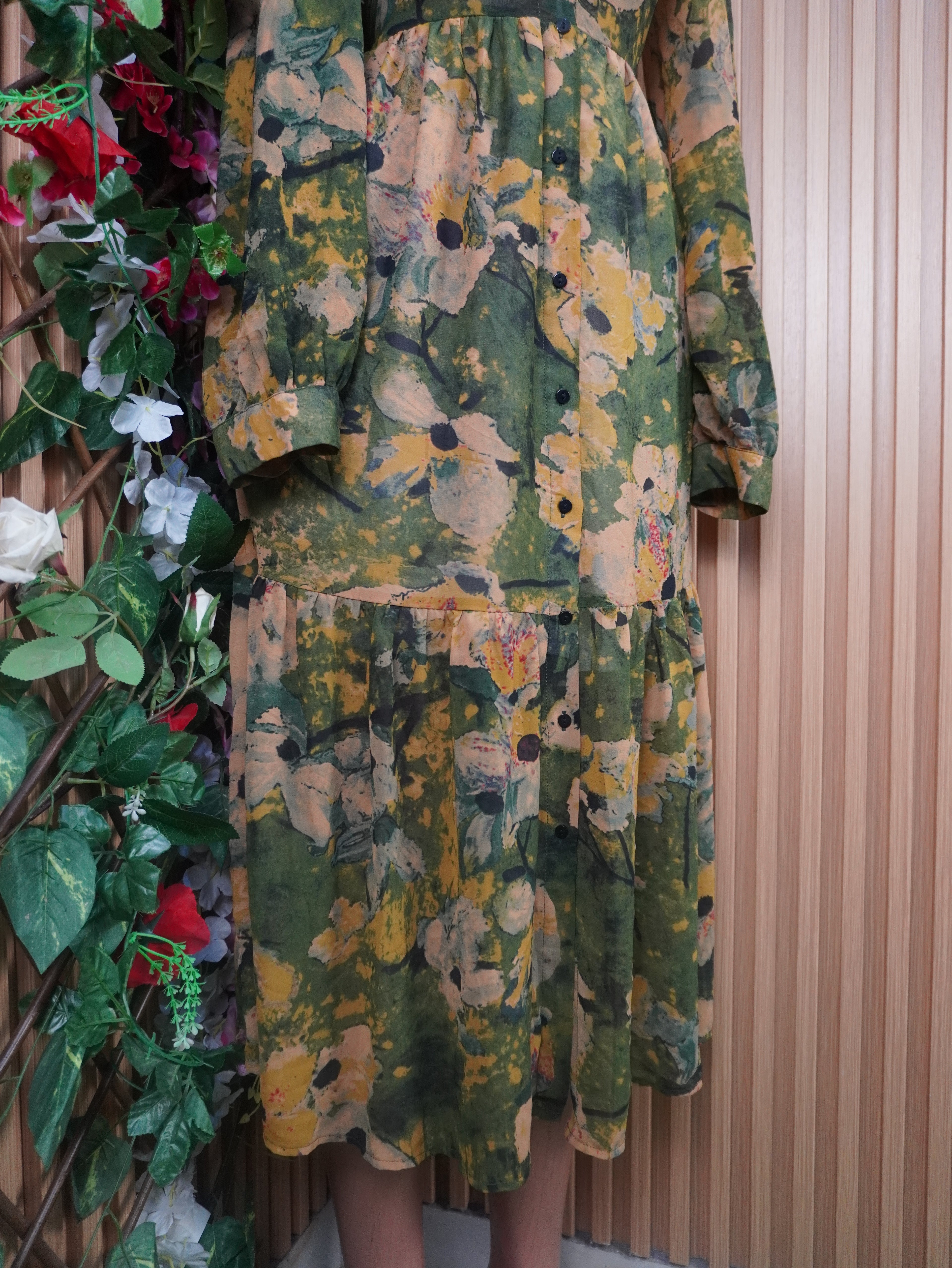 Robe évasée longue manches longues imprimée fleurie-M