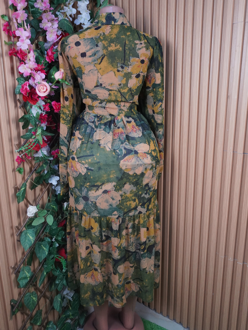 Robe évasée longue manches longues imprimée fleurie-M