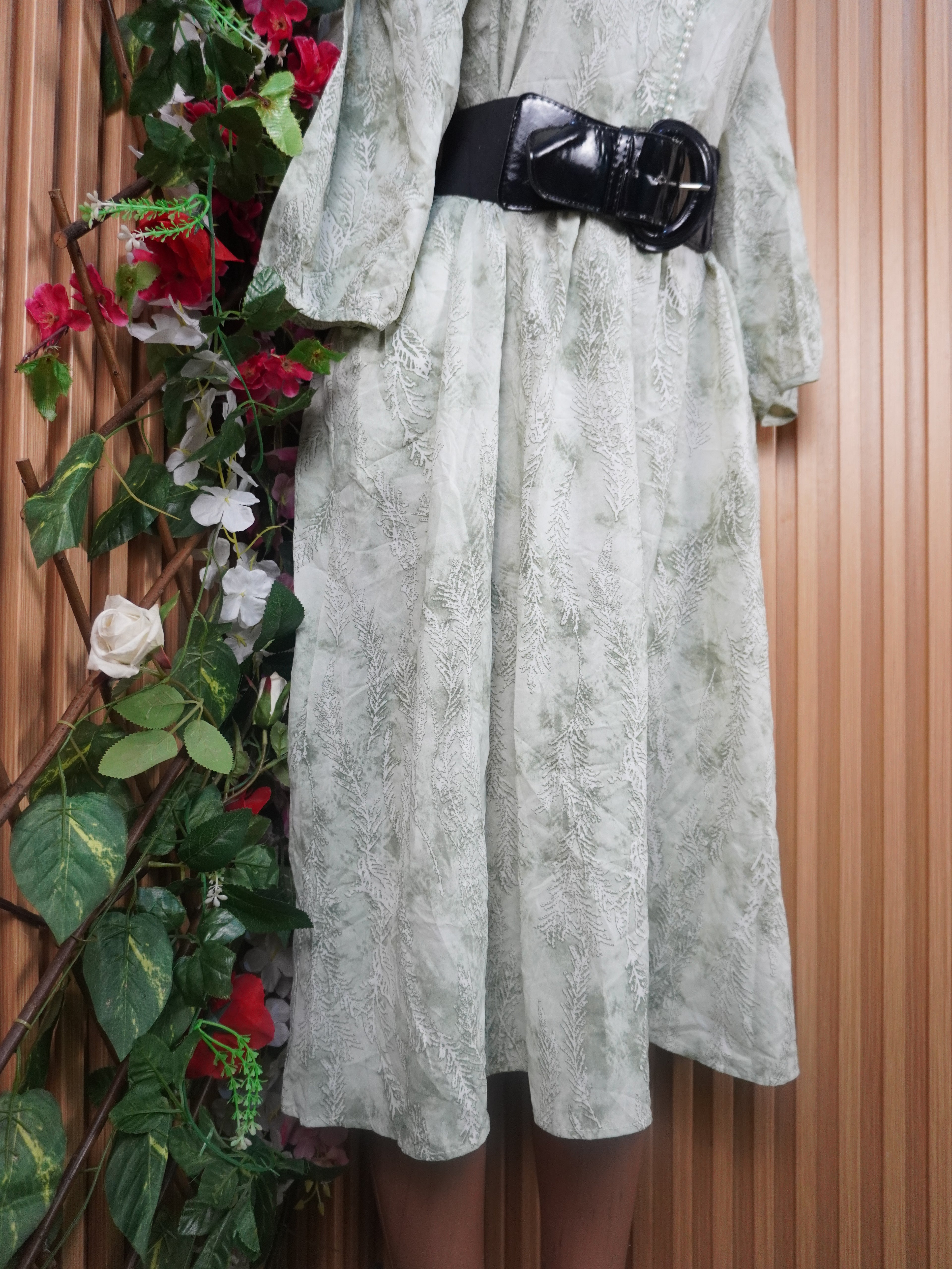 Robe évasée longue manches courtes ceintrée-XXXL