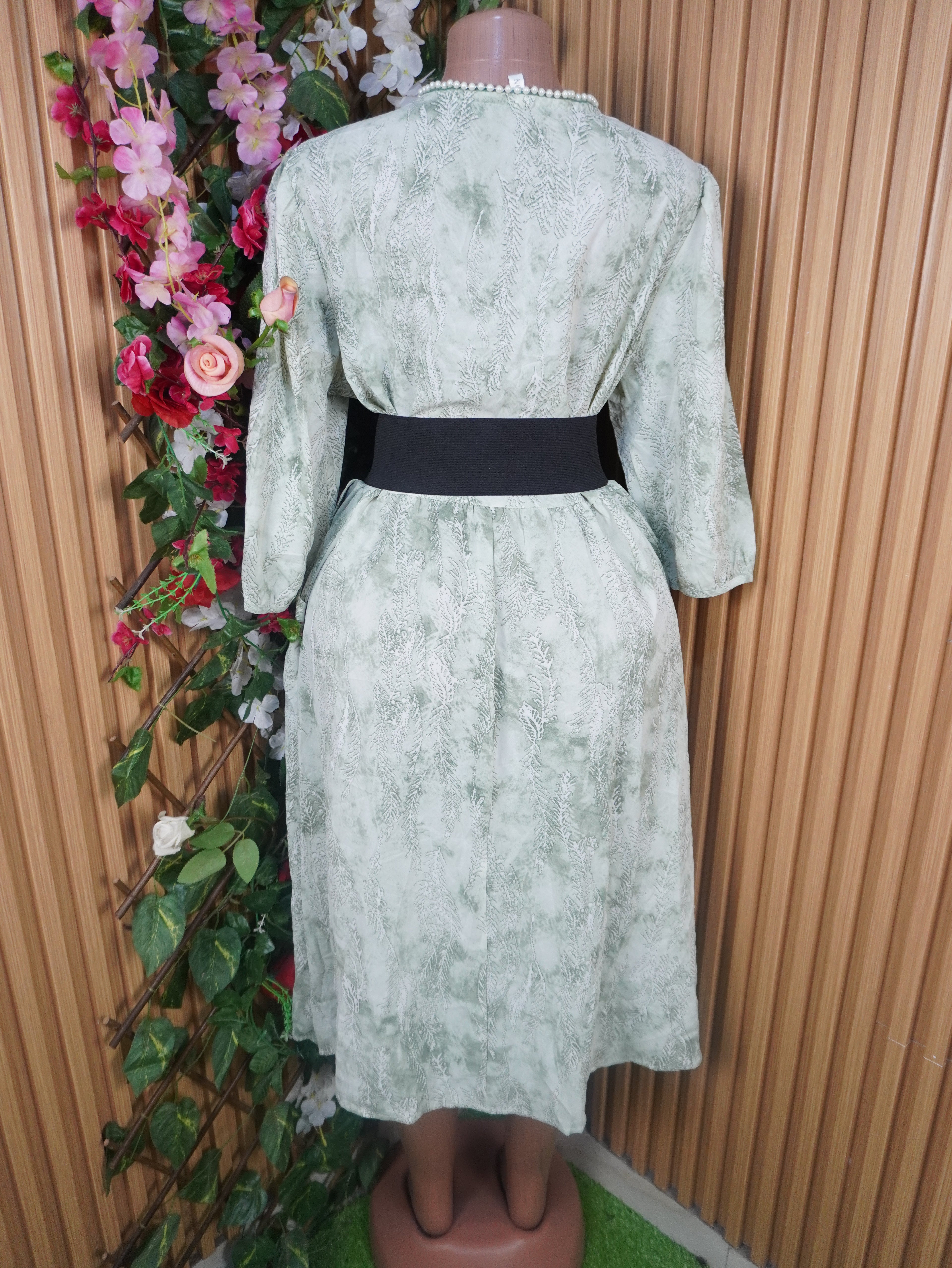 Robe évasée longue manches courtes ceintrée-XXXL