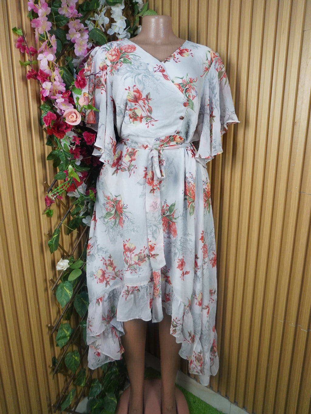 Robe évasée manches courtes imprimée fleurie-S