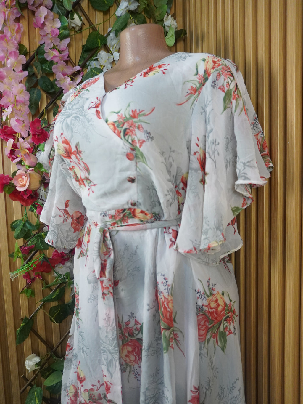 Robe évasée manches courtes imprimée fleurie-S