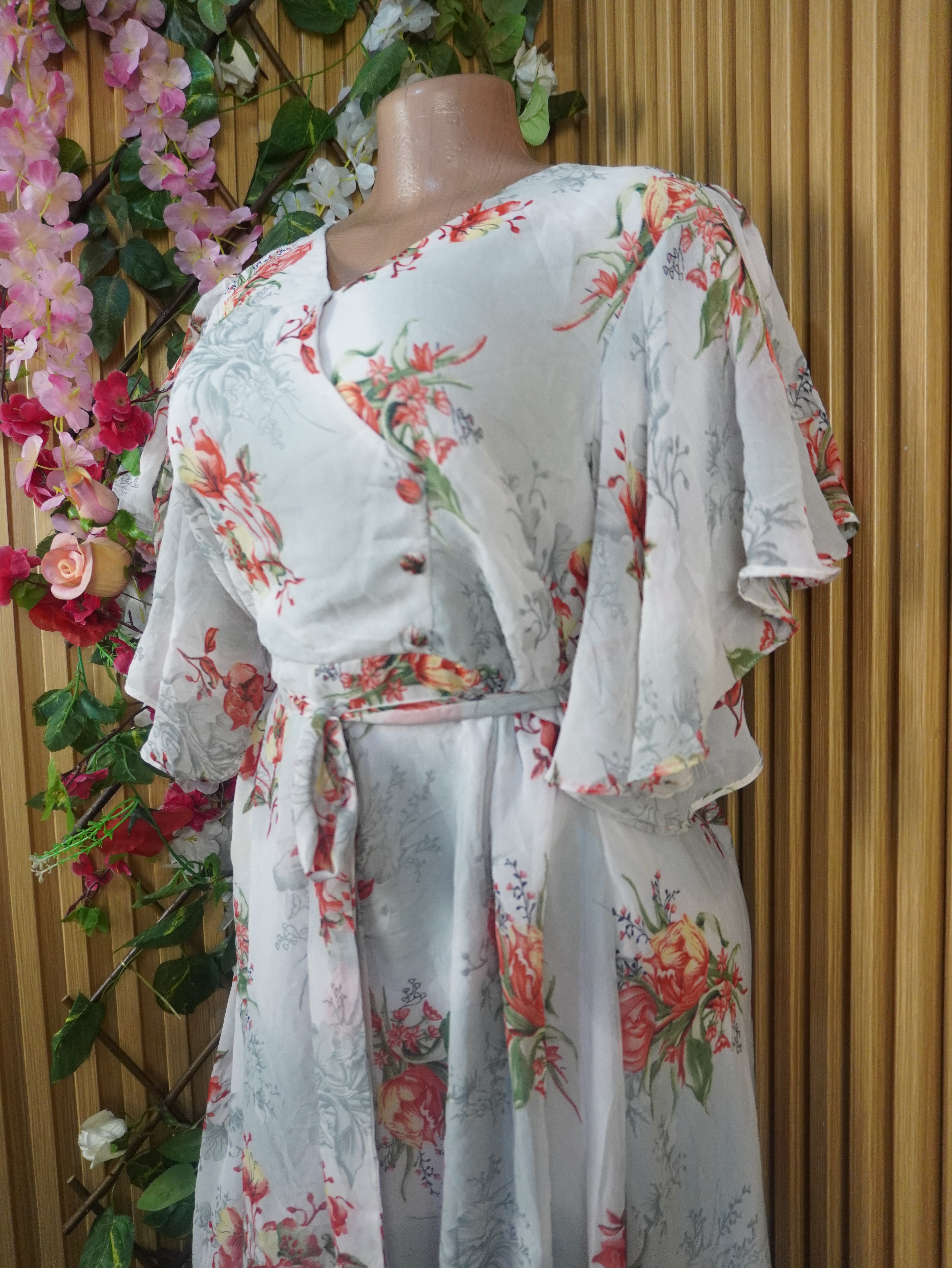 Robe évasée manches courtes imprimée fleurie-S