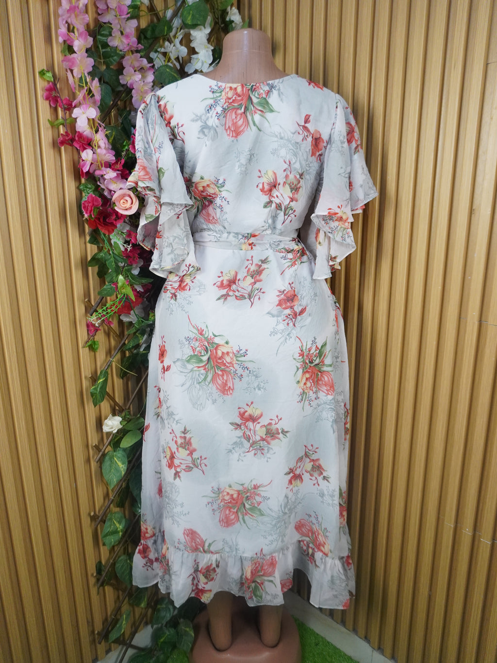 Robe évasée manches courtes imprimée fleurie-S