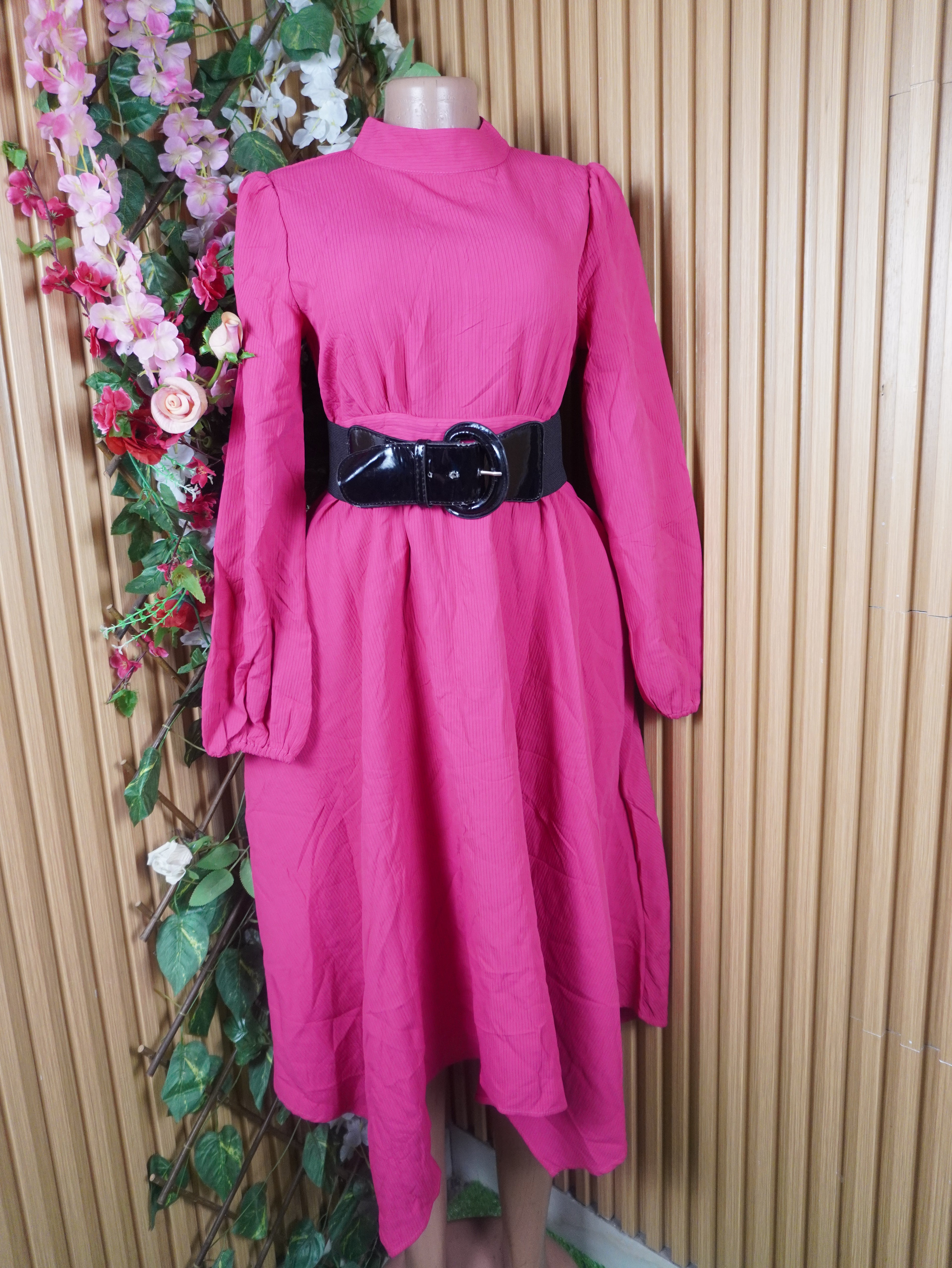 Robe évasée longue manches longues col mao-S