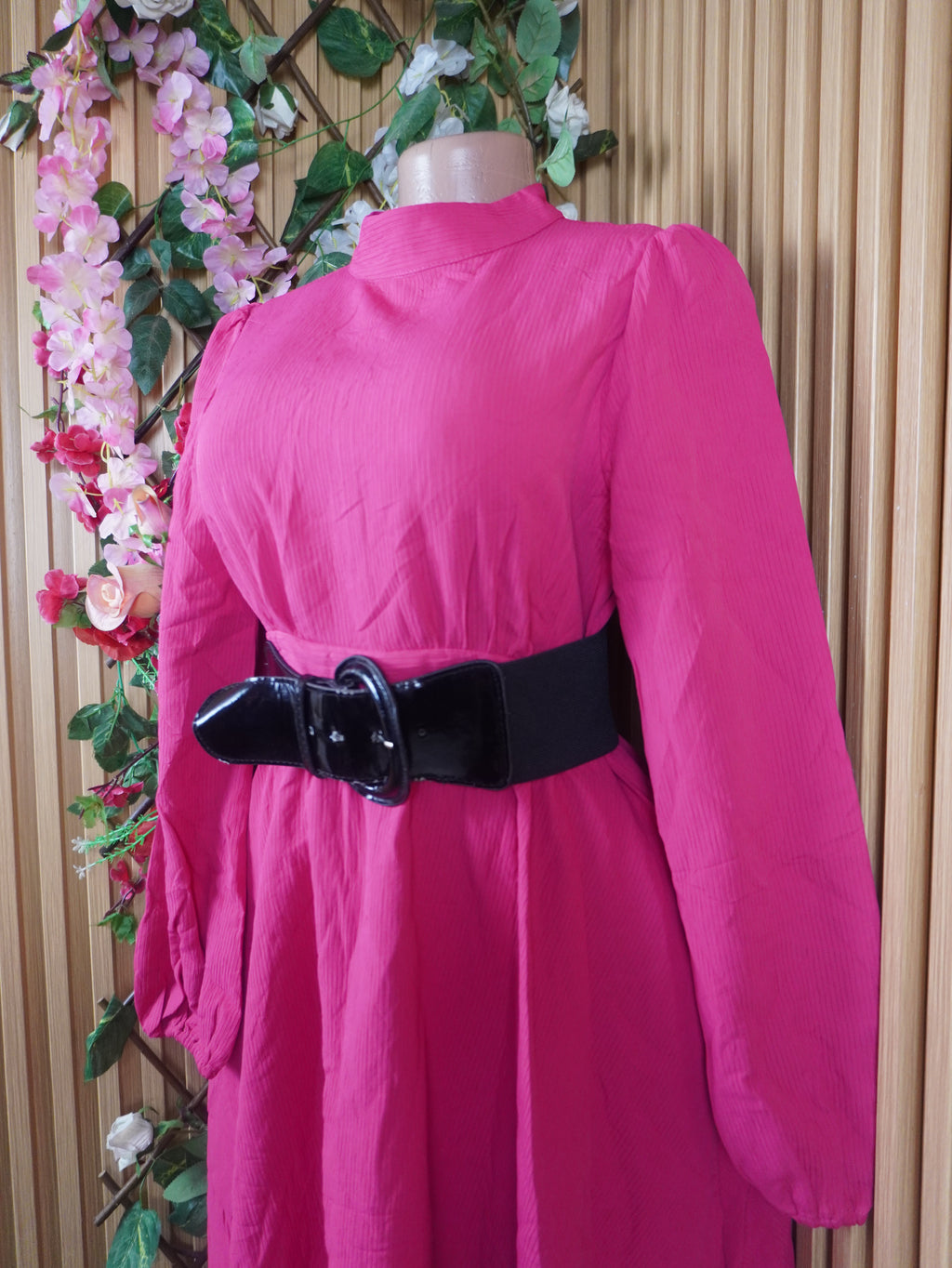 Robe évasée longue manches longues col mao-S