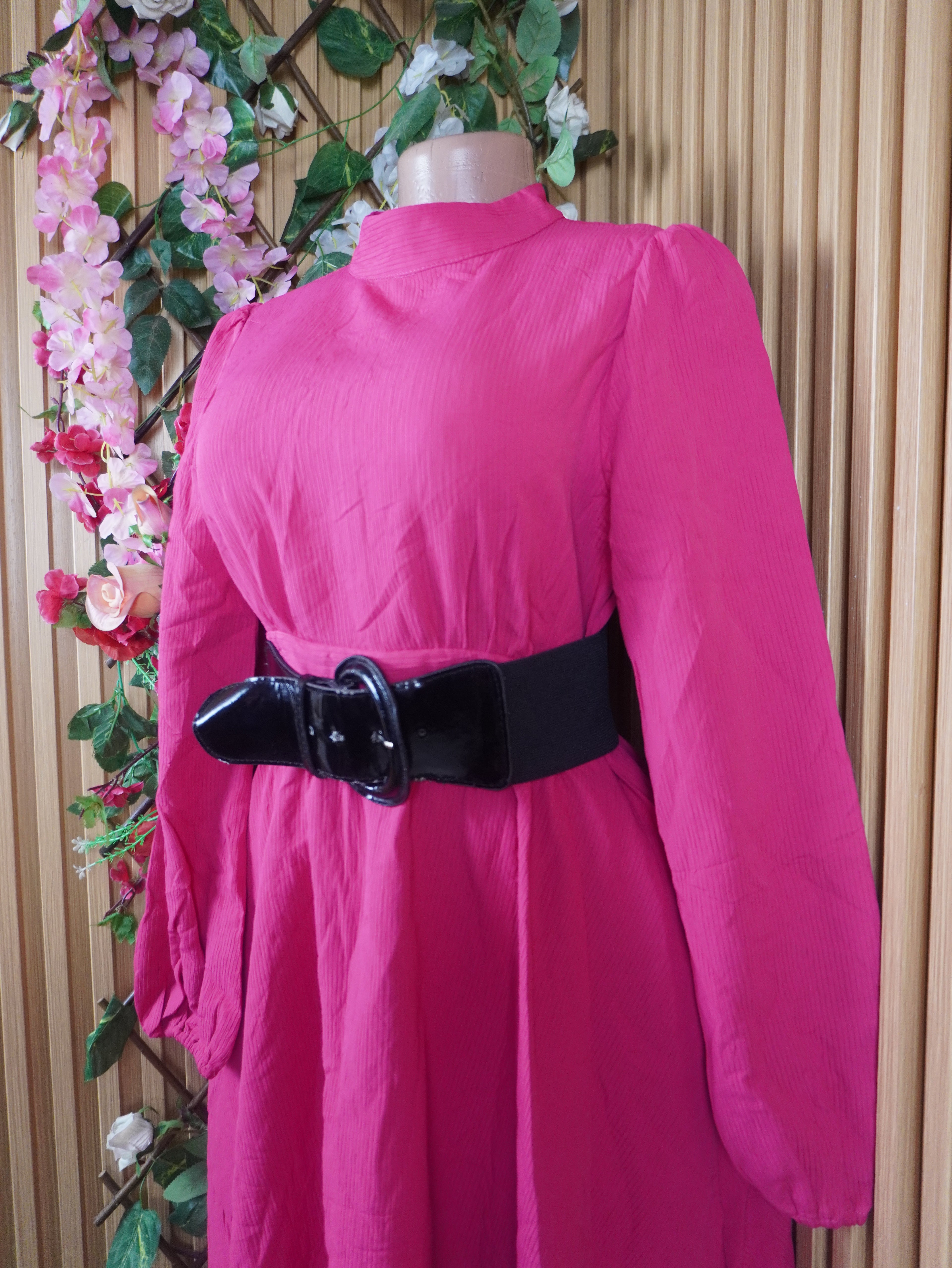 Robe évasée longue manches longues col mao-S
