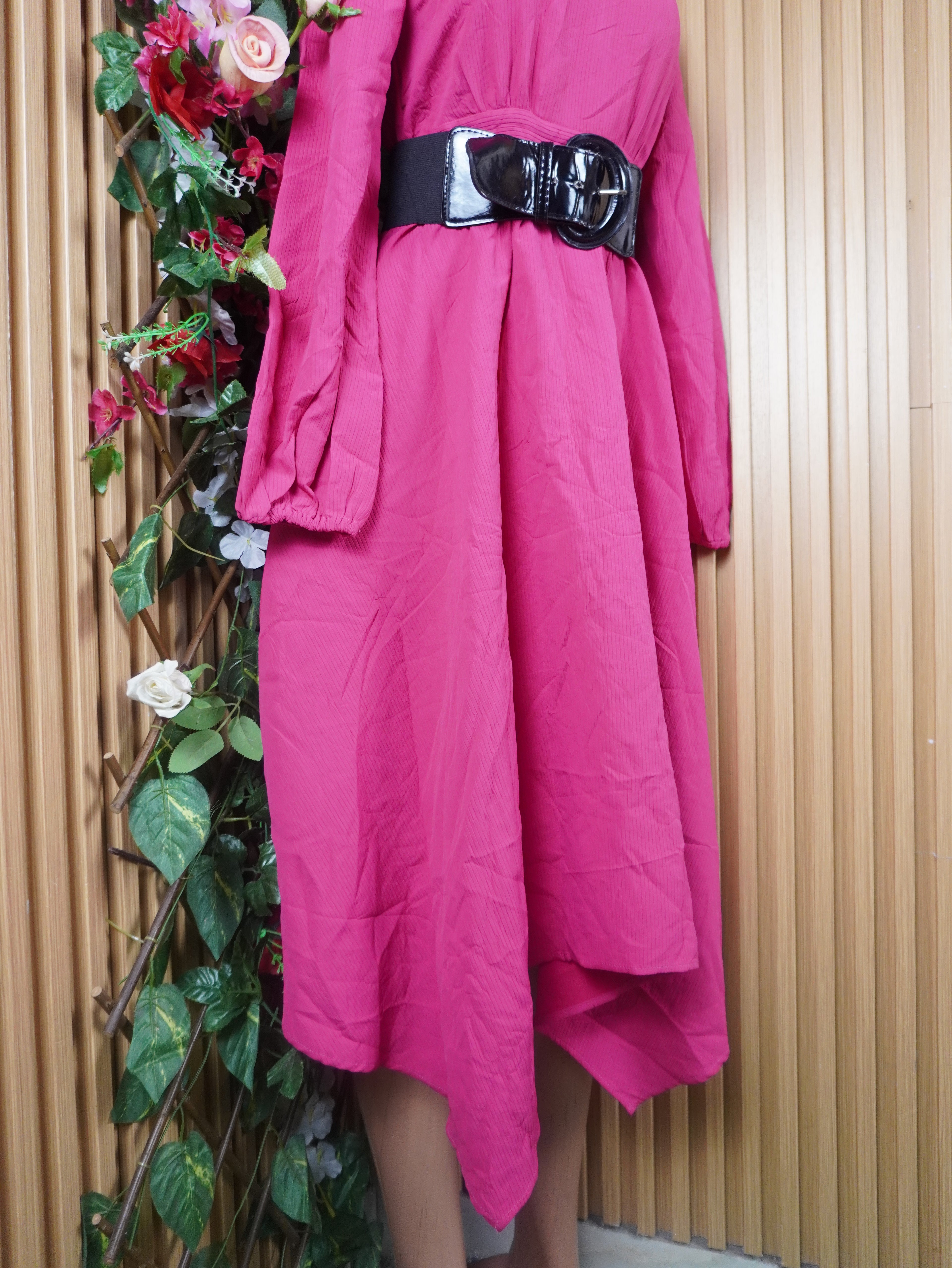 Robe évasée longue manches longues col mao-S